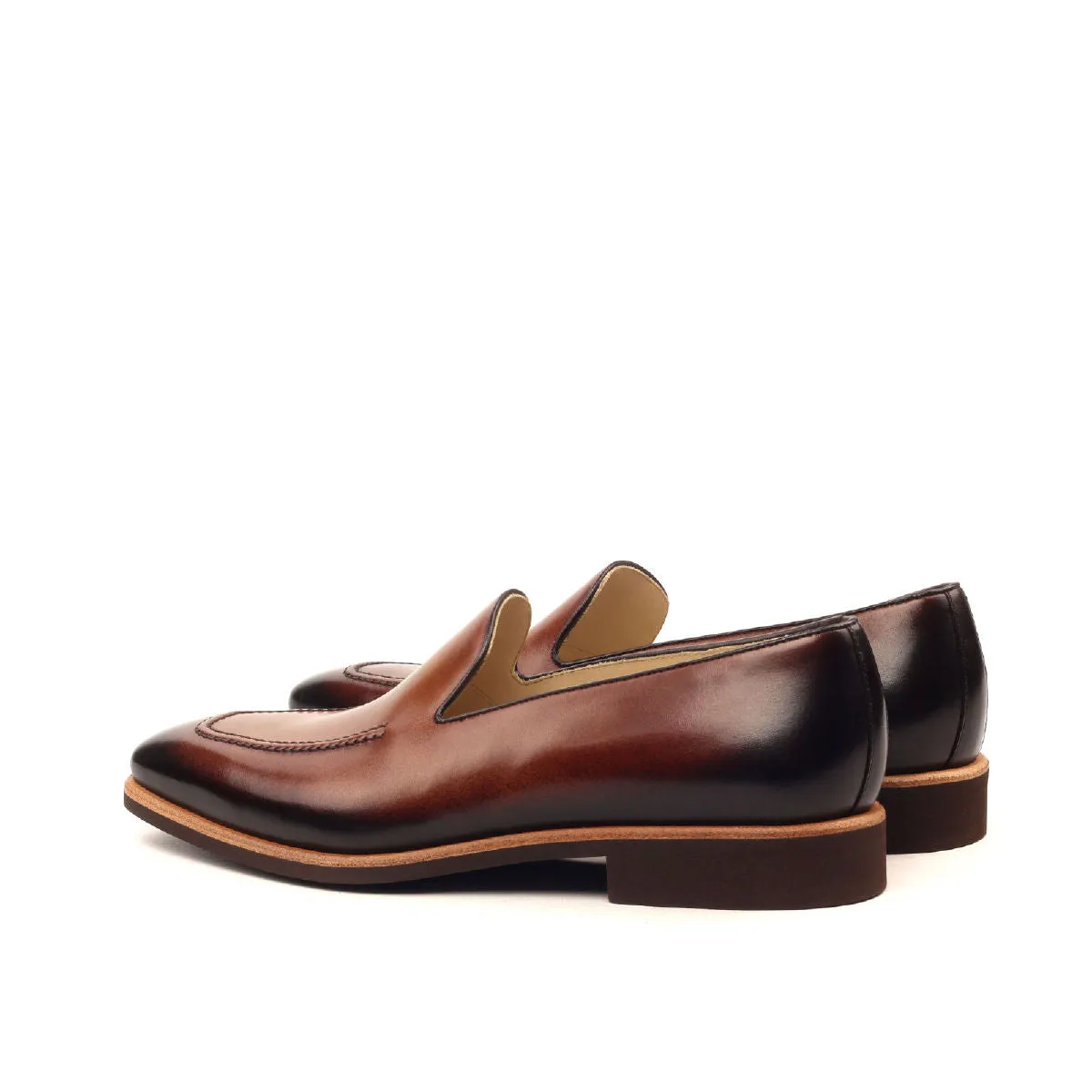 Gentlemen Loafer in Hand Painted & Burnished Medium Brown and Dark Brown Calf Leather with Goodyear Welt