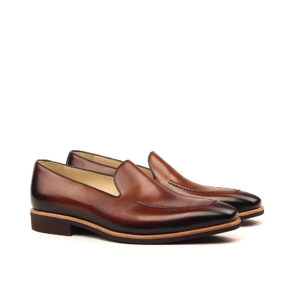 Gentlemen Loafer in Hand Painted & Burnished Medium Brown and Dark Brown Calf Leather with Goodyear Welt