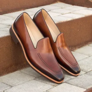 Gentlemen Loafer in Hand Painted & Burnished Medium Brown and Dark Brown Calf Leather with Goodyear Welt