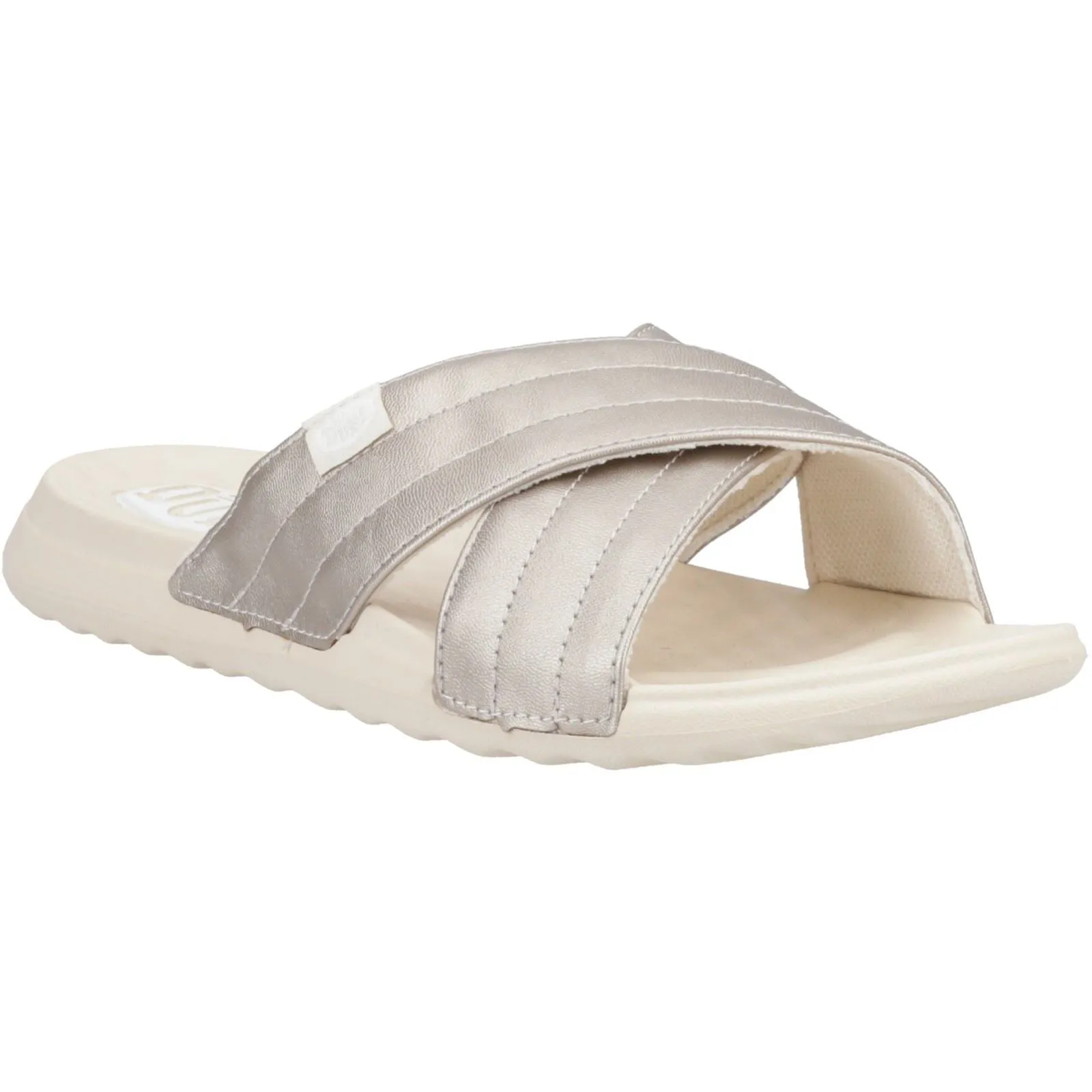 HEYDUDE Women's Christi Slide Distressed Sandal in Metallic