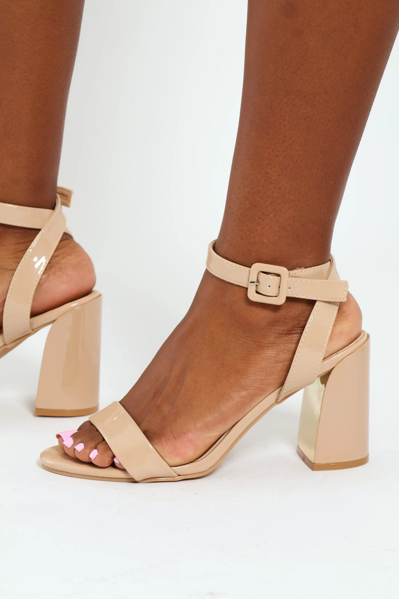 Hi Block Patent Mule Heel With Ankle Buckle - Off White