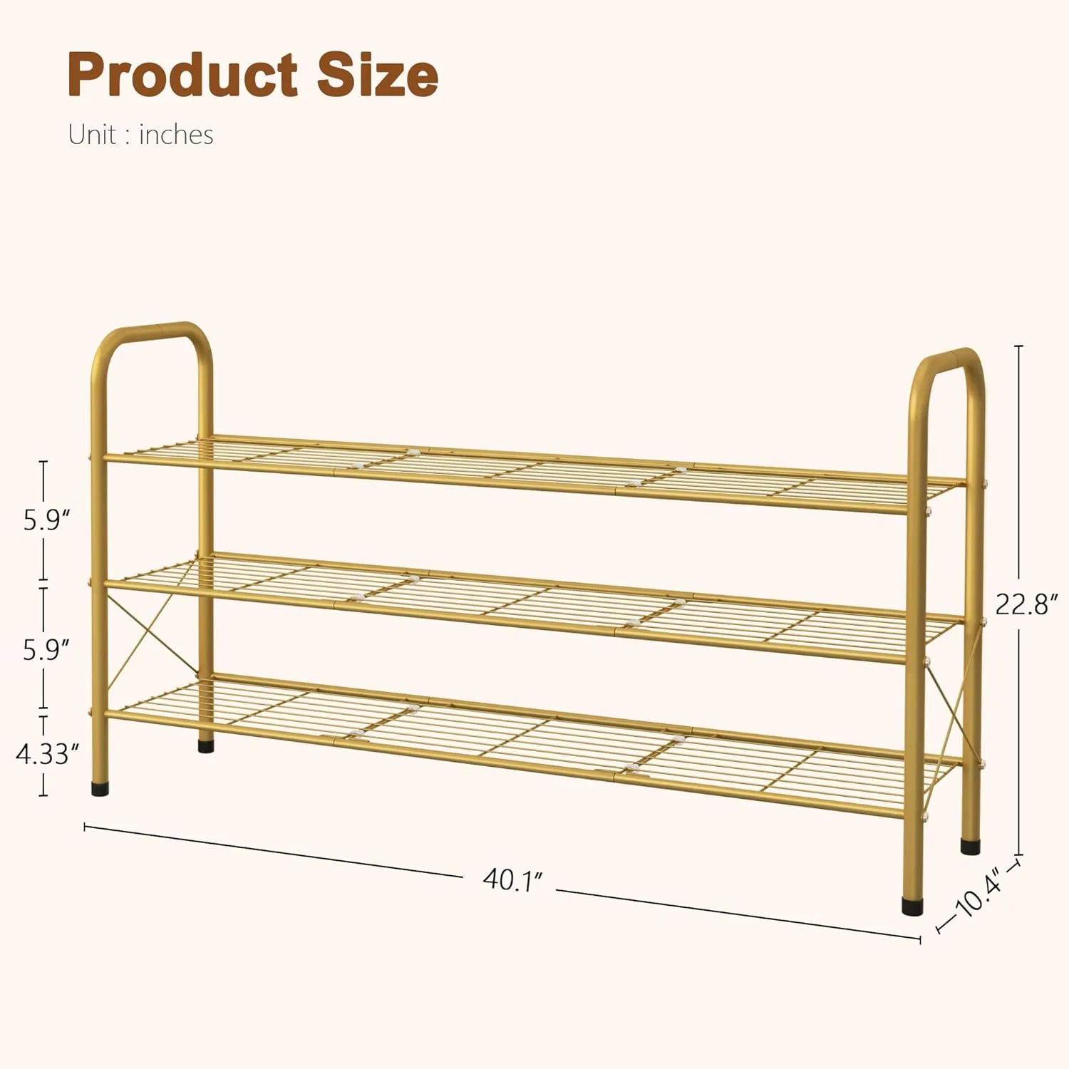 Hoctieon 3 Tier Durable Mesh Style Shoe Rack, Entryway Shoe Shelf, Shoe Rack Free Standing, Shoe Storage Organizer, Shoe Rack for Closet, Gold