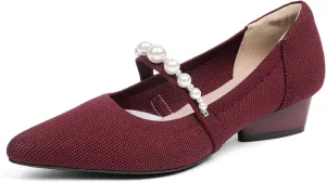 HROYL Women Knit Shoes Low Heel Dress Pumps Imitation Pearls Heart-Type Thick Heel Mary Jane Knited Shoes