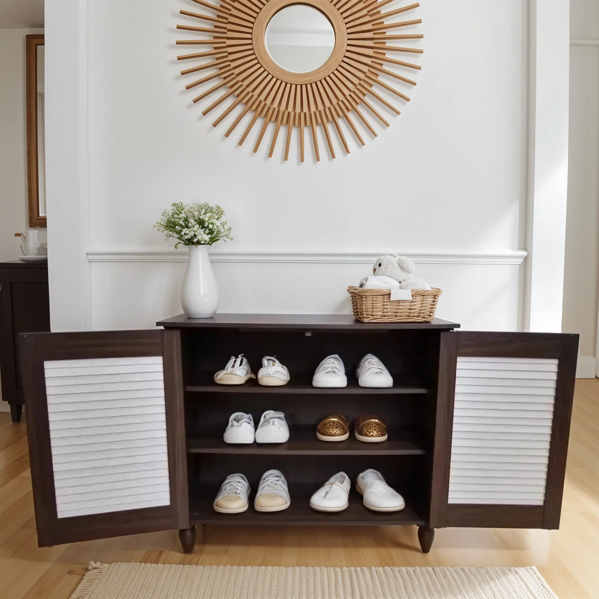 Kaira 2 Door Shoe Rack in Walnut & White Colour