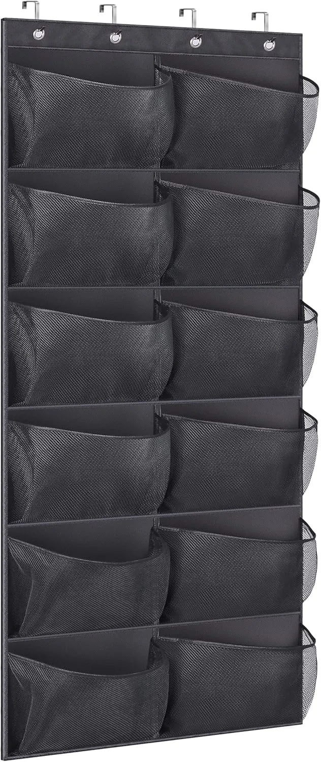 KIMBORA Boots Hanging Shoe Organizer for Closet 12 Extra Large Mesh Pockets Over The Door Shoe Rack for Men Shoes Size 16, Black