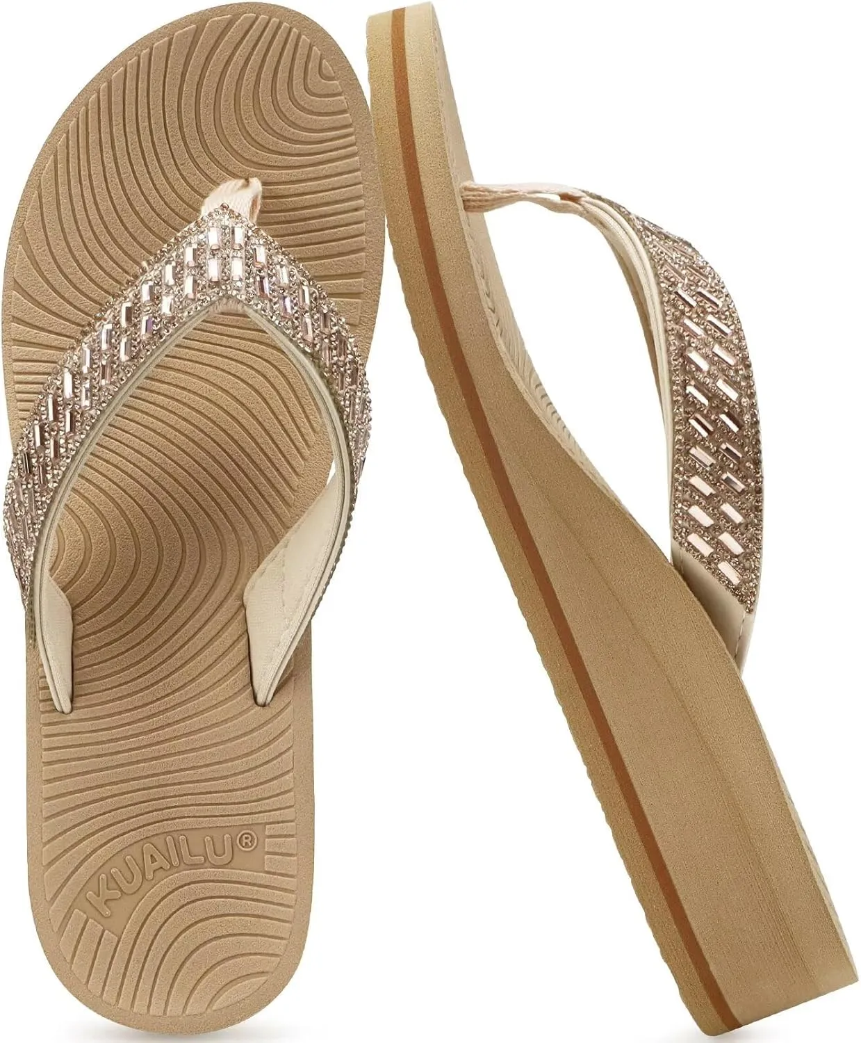 KuaiLu Womens Dressy Rhinestone Platform Flip Flops Trendy Comfortable Arch Support Cushion Walking Thong Sandals Yoga Foam Low Wedge Slippers Summer Pool Beach