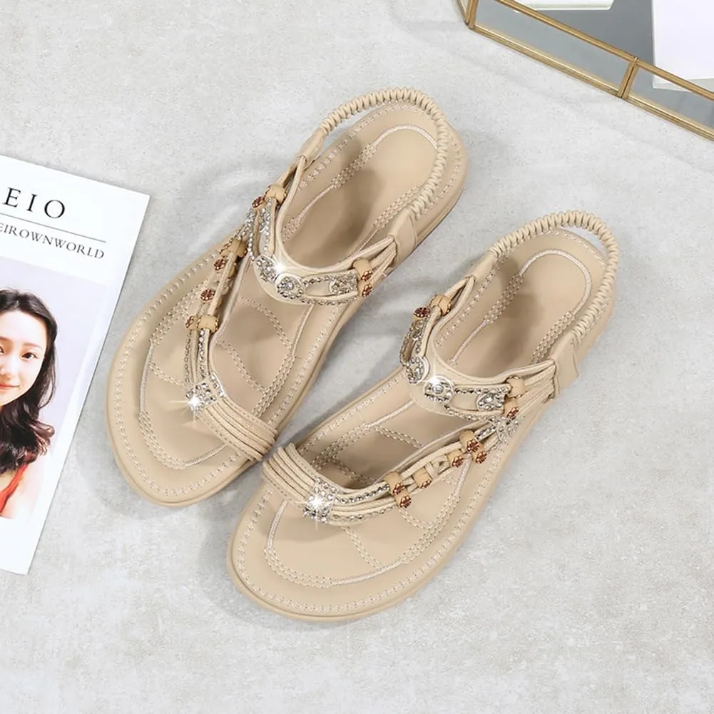 KUNWFNIX Womens Sandals Comfortable Summer Dressy Flat Sandals Bohemian Clip Toe Leather Upholstery T-Strap Flip Flop Thong Sandals