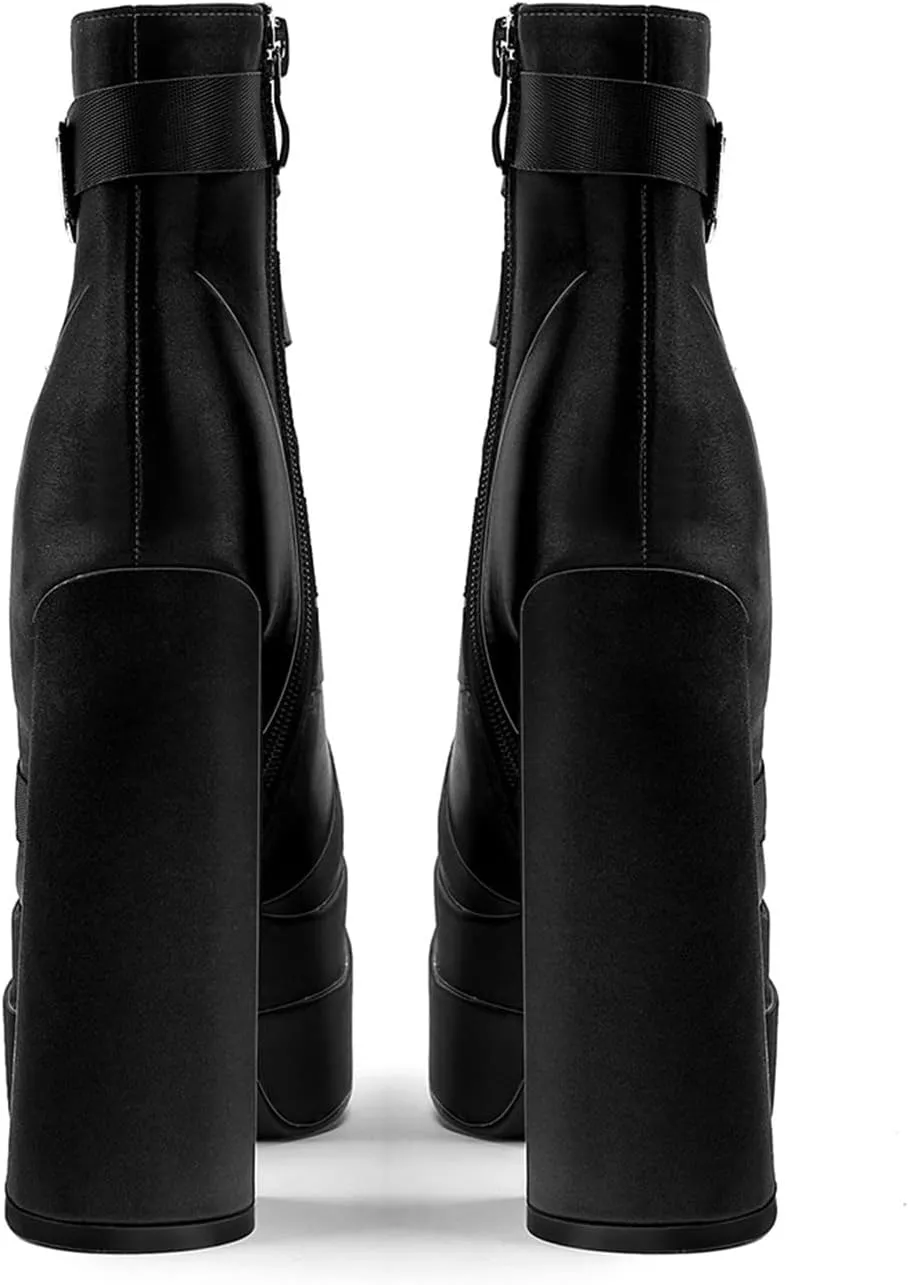 LEMUTISME Women's Trendy Closed Square Toe Lace Up Double Platform Chunky High Heel Motorcycle Ankle Boots With Side Zipper