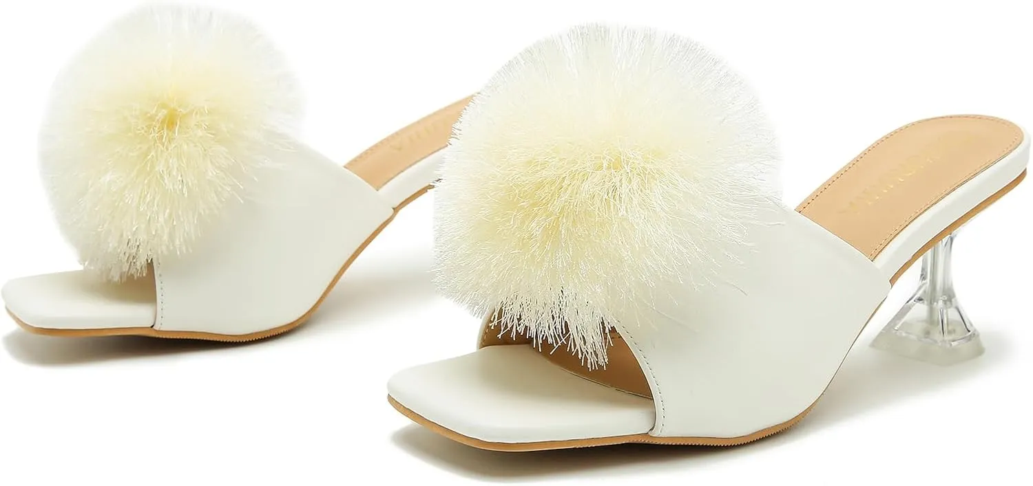 LIURUIJIA Womens Pom Poms Mule Heels Sandals Comfortable Square Toe Low Heels Party Wedding Shoes