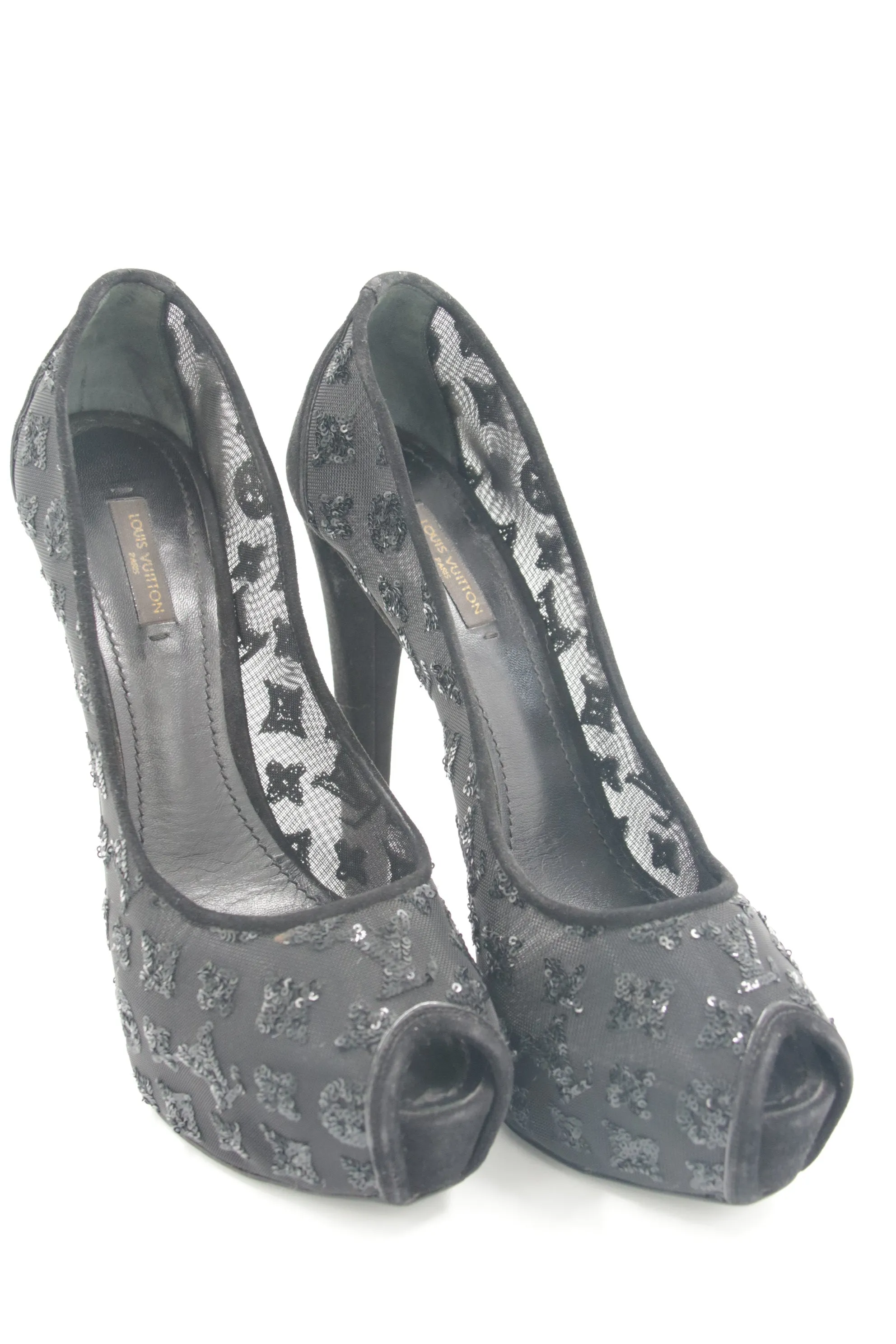 LOUIS VUITTON Black Monogram Sequins, Mesh, and Suede Peep Toe Heels