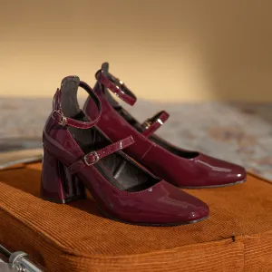 Mary Jane Leather Burgundy Heel Heel Temperament