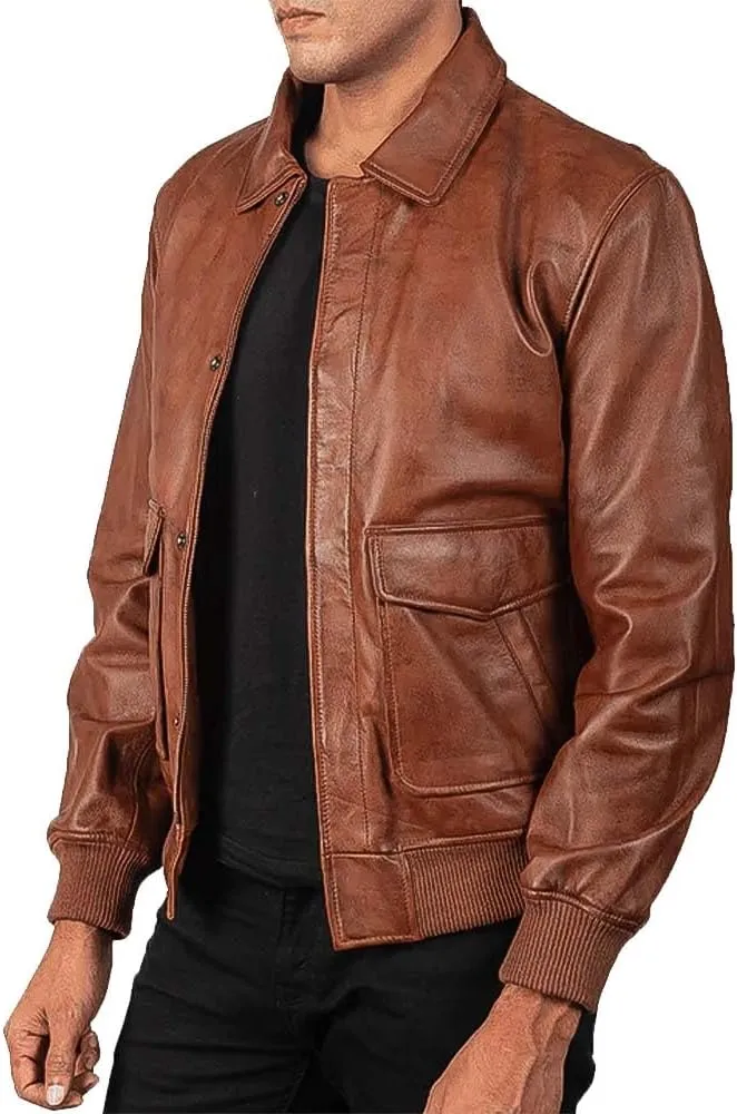 Men's Classic A2 Aviator WWII Flying Tiger Leather Jacket - Pilot Bomber Leather Jacket With Shirt Collar For Men