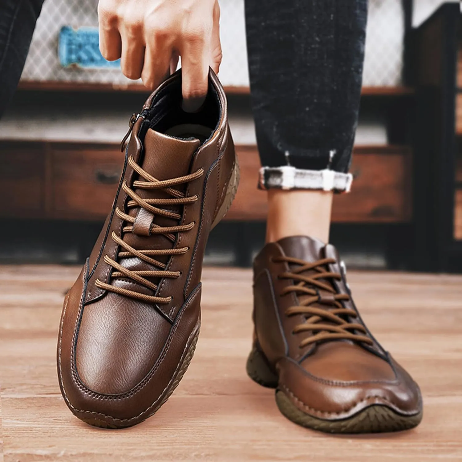 Men's Leather Lace Up Sports Ankle Boots Traditional Handmade Stitched Large Size Leather Shoes Outdoor Casual Non-Slip Running Sports Hiking Boots with Side Zippers