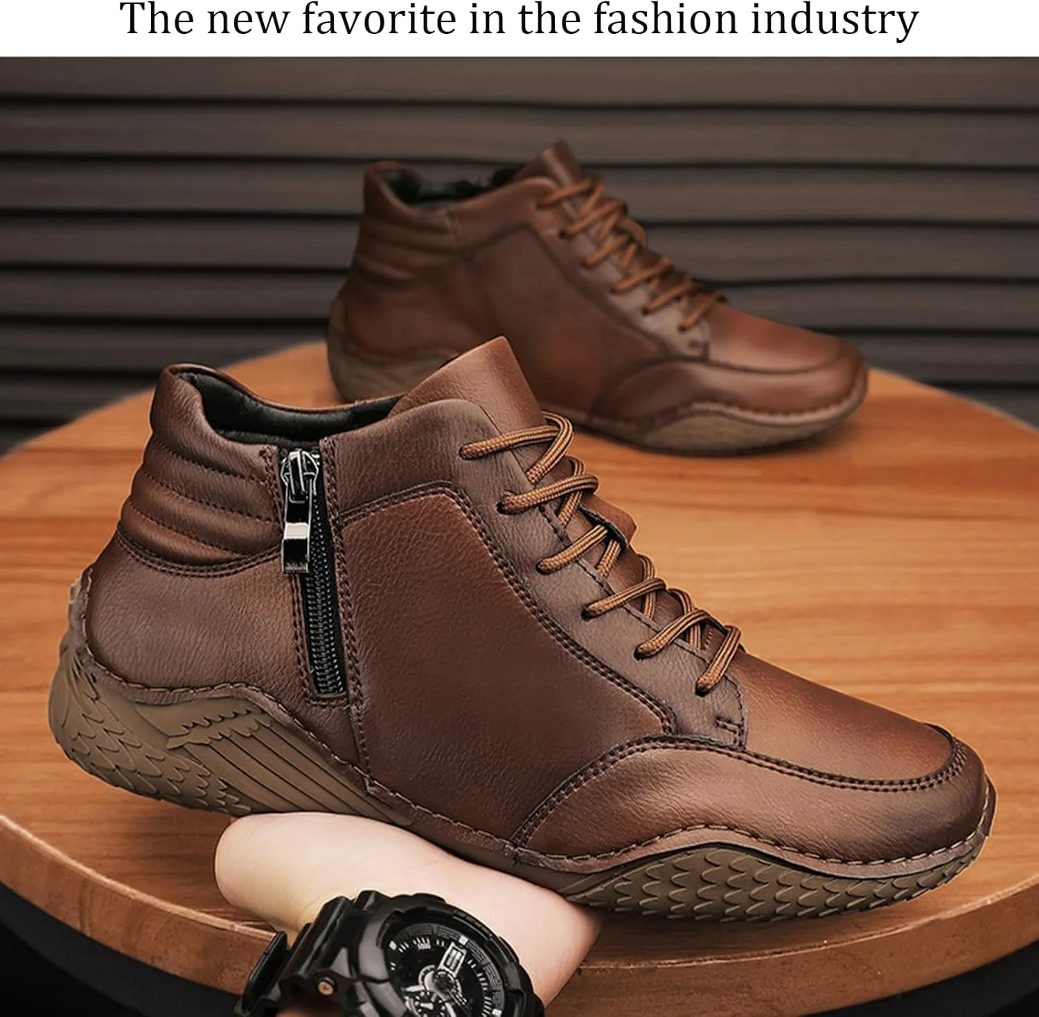 Men's Leather Lace Up Sports Ankle Boots Traditional Handmade Stitched Large Size Leather Shoes Outdoor Casual Non-Slip Running Sports Hiking Boots with Side Zippers