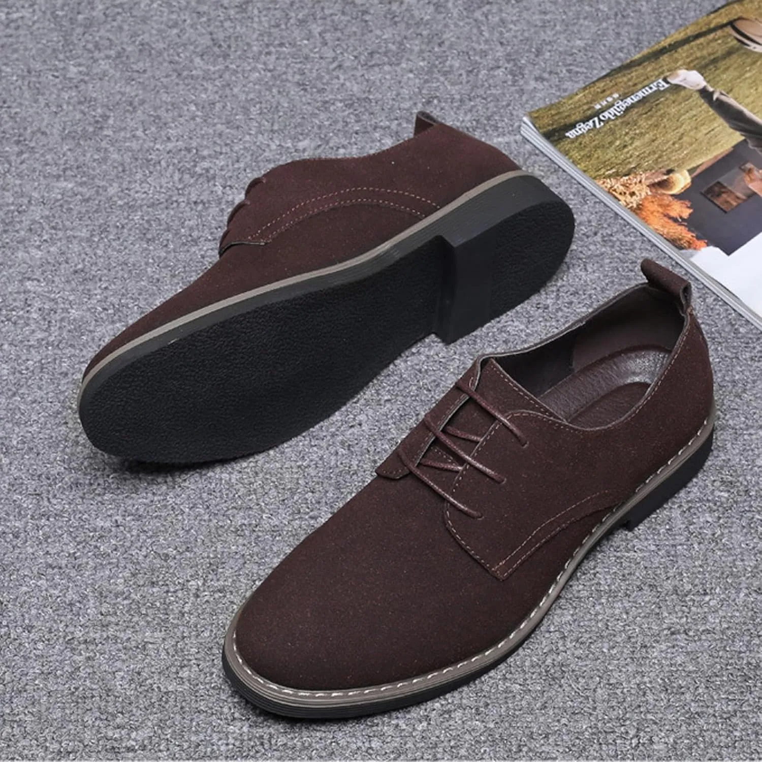 Men's Suede Lace Up Dress Shoes,Classic Hand Stitching Retro Suede Leather Soft Sole Flat Shoes Velvet Low-Top Casual British Business Office Breathable Oxford Shoes