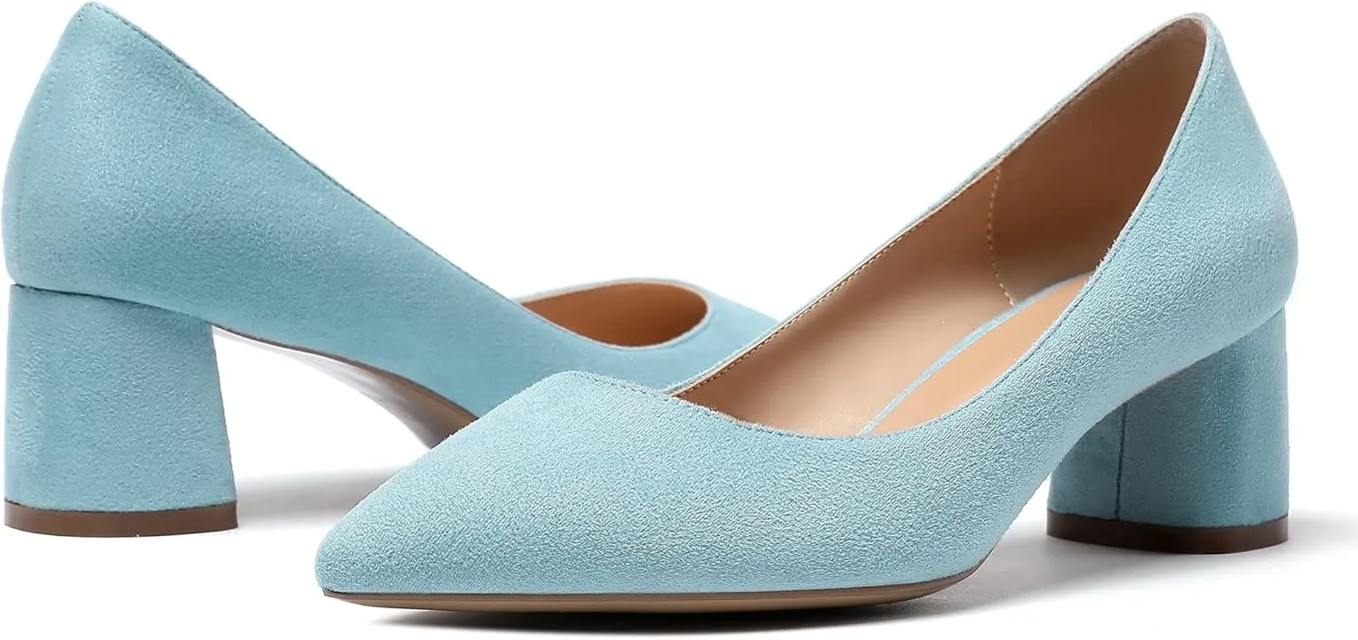 Mettesally Women's Mid Chunky Heel Pumps Classic Closed Pointed Toe Chic Shoes Slip on Comfortable Block Heel for Party Wedding Business Office Dress