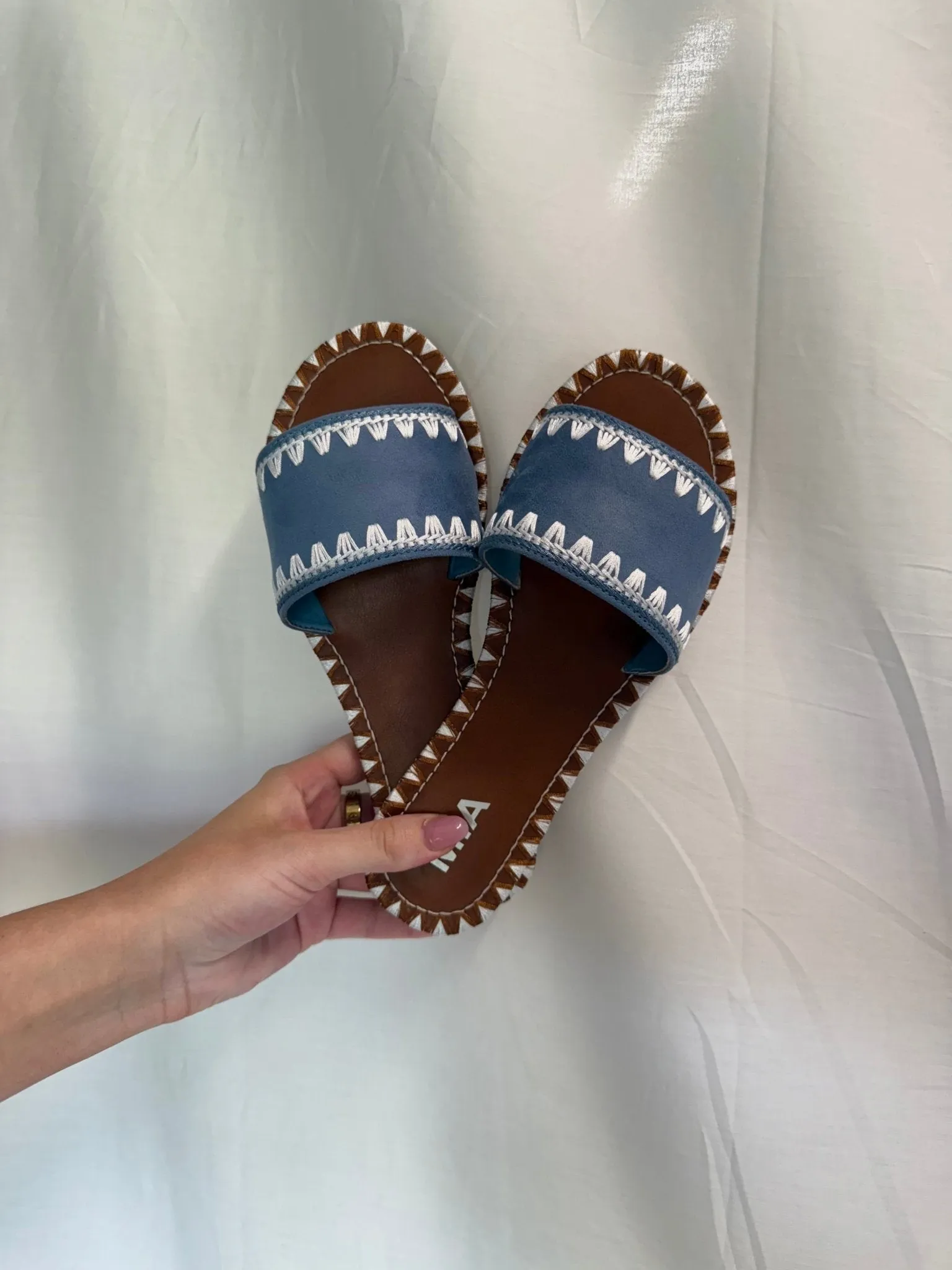 MIA Vanett Denim Blue Vegan Leather Slide Sandals