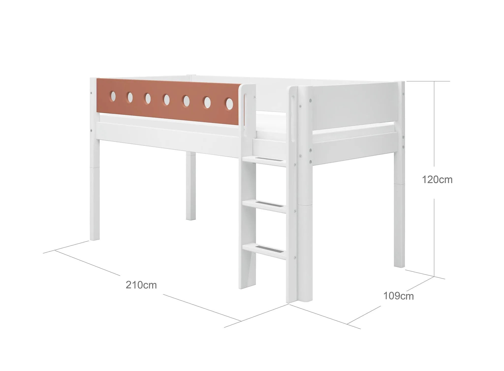 Mid-High Bed with Ladder and Safety Rail, 90x200 cm, White