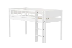Mid-High Bed with Ladder and Safety Rail, 90x200 cm, White