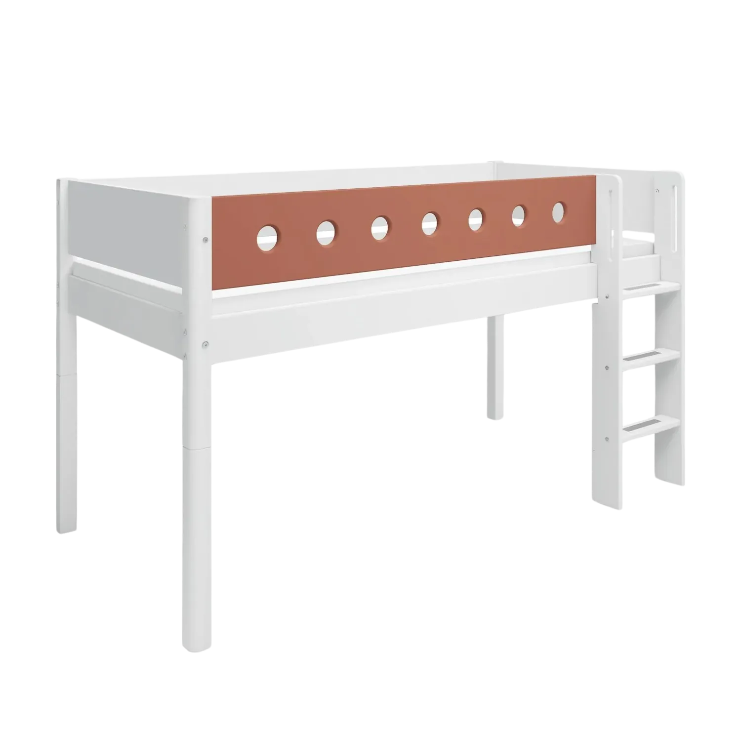 Mid-High Bed with Ladder and Safety Rail, 90x200 cm, White