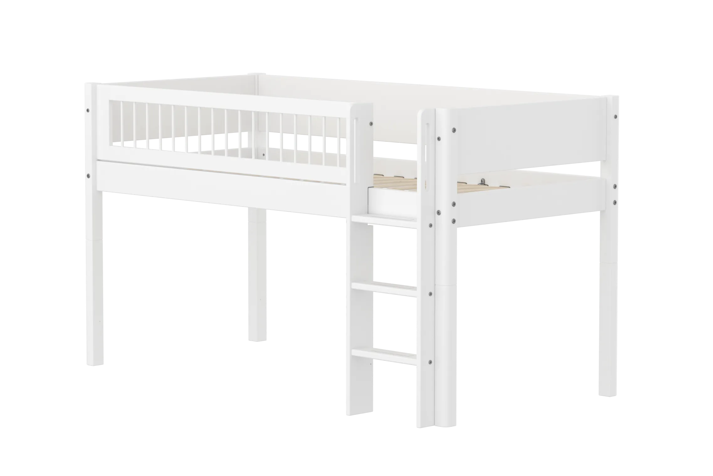 Mid-High Bed with Ladder and Safety Rail, 90x200 cm, White
