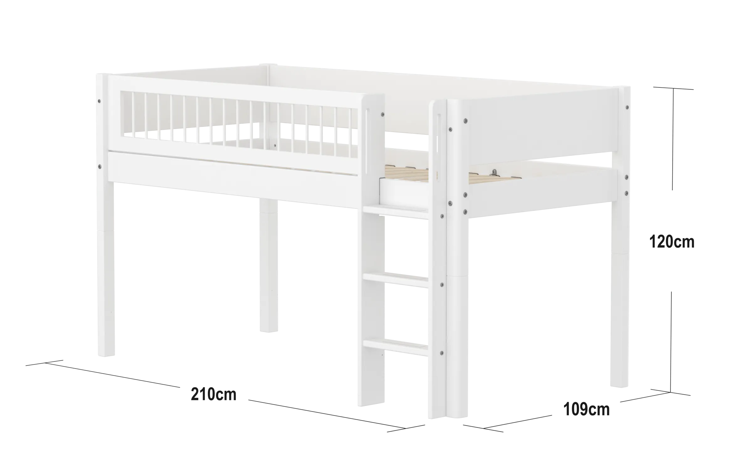 Mid-High Bed with Ladder and Safety Rail, 90x200 cm, White