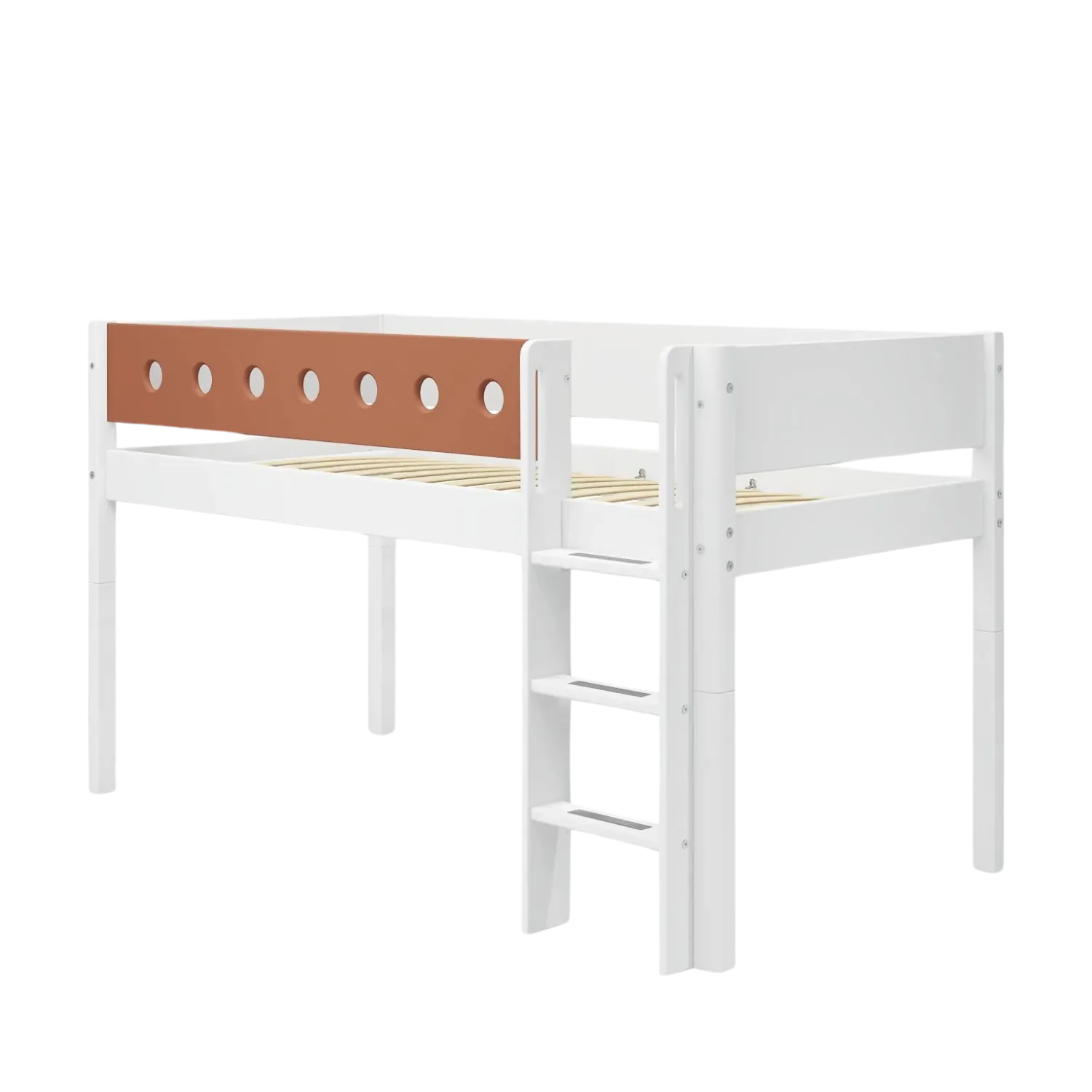 Mid-High Bed with Ladder and Safety Rail, 90x200 cm, White