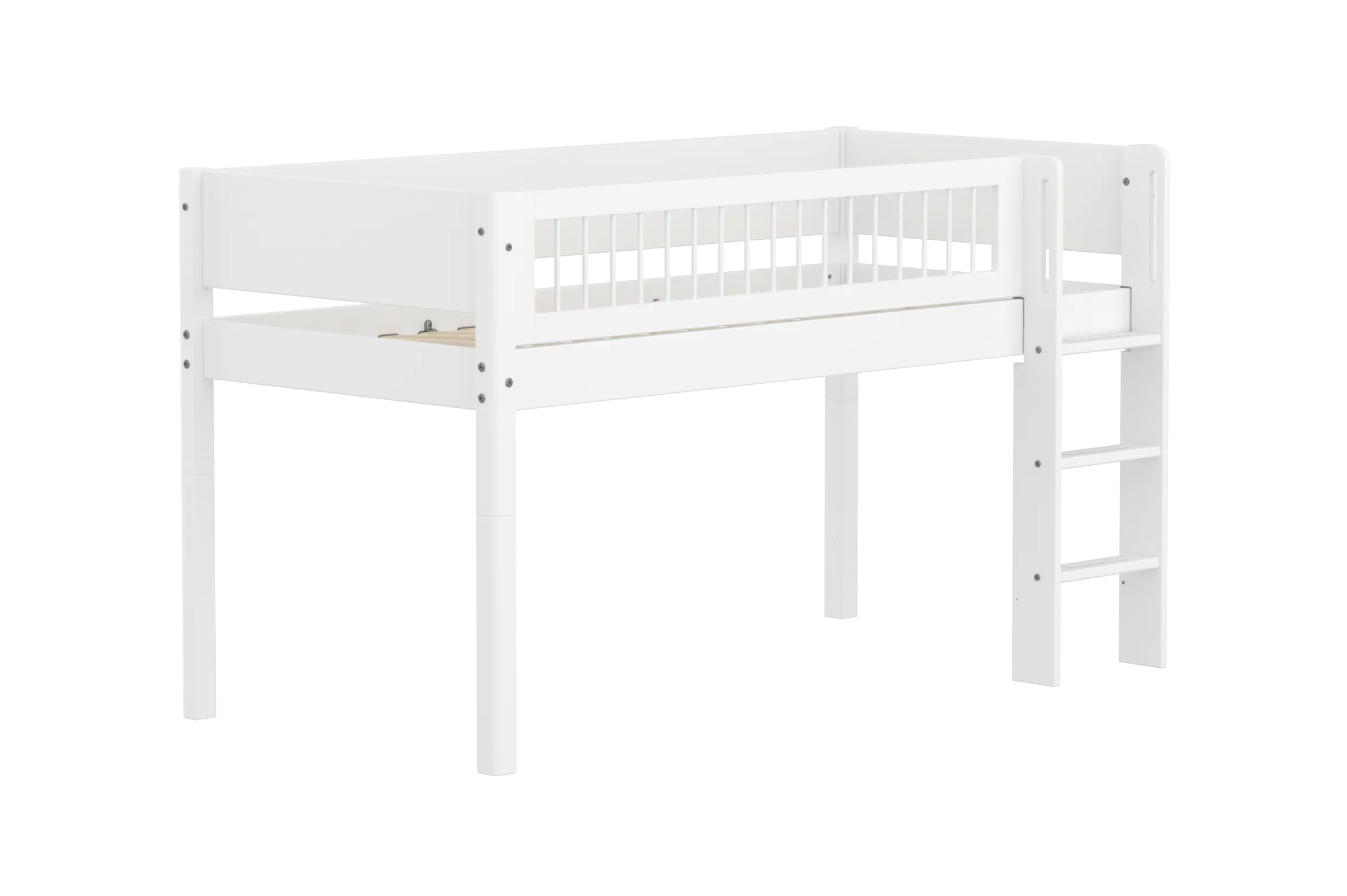 Mid-High Bed with Ladder and Safety Rail, 90x200 cm, White