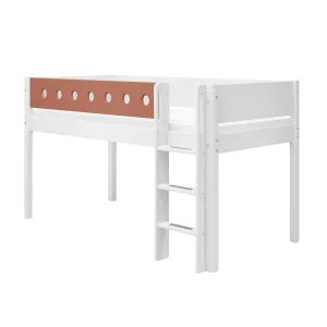 Mid-High Bed with Ladder and Safety Rail, 90x200 cm, White