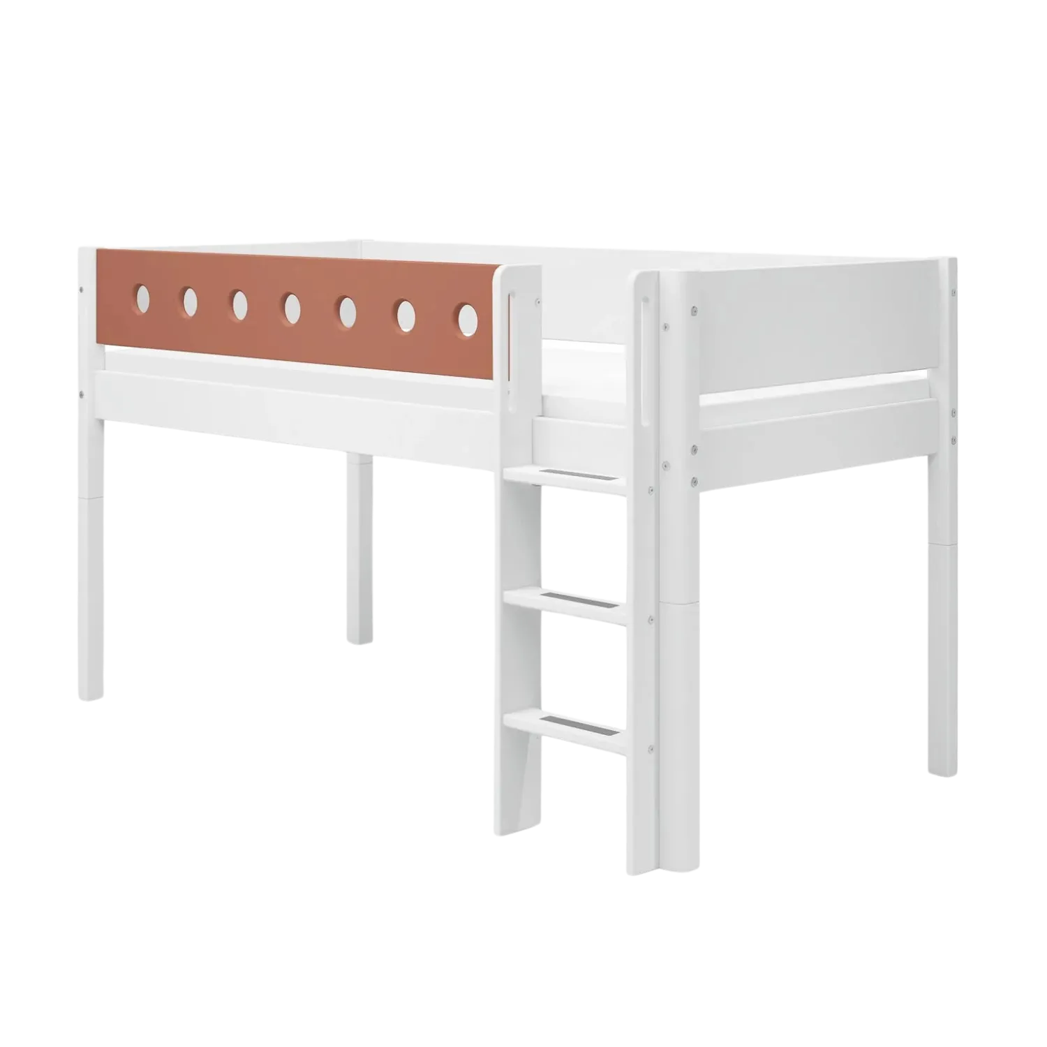 Mid-High Bed with Ladder and Safety Rail, 90x200 cm, White