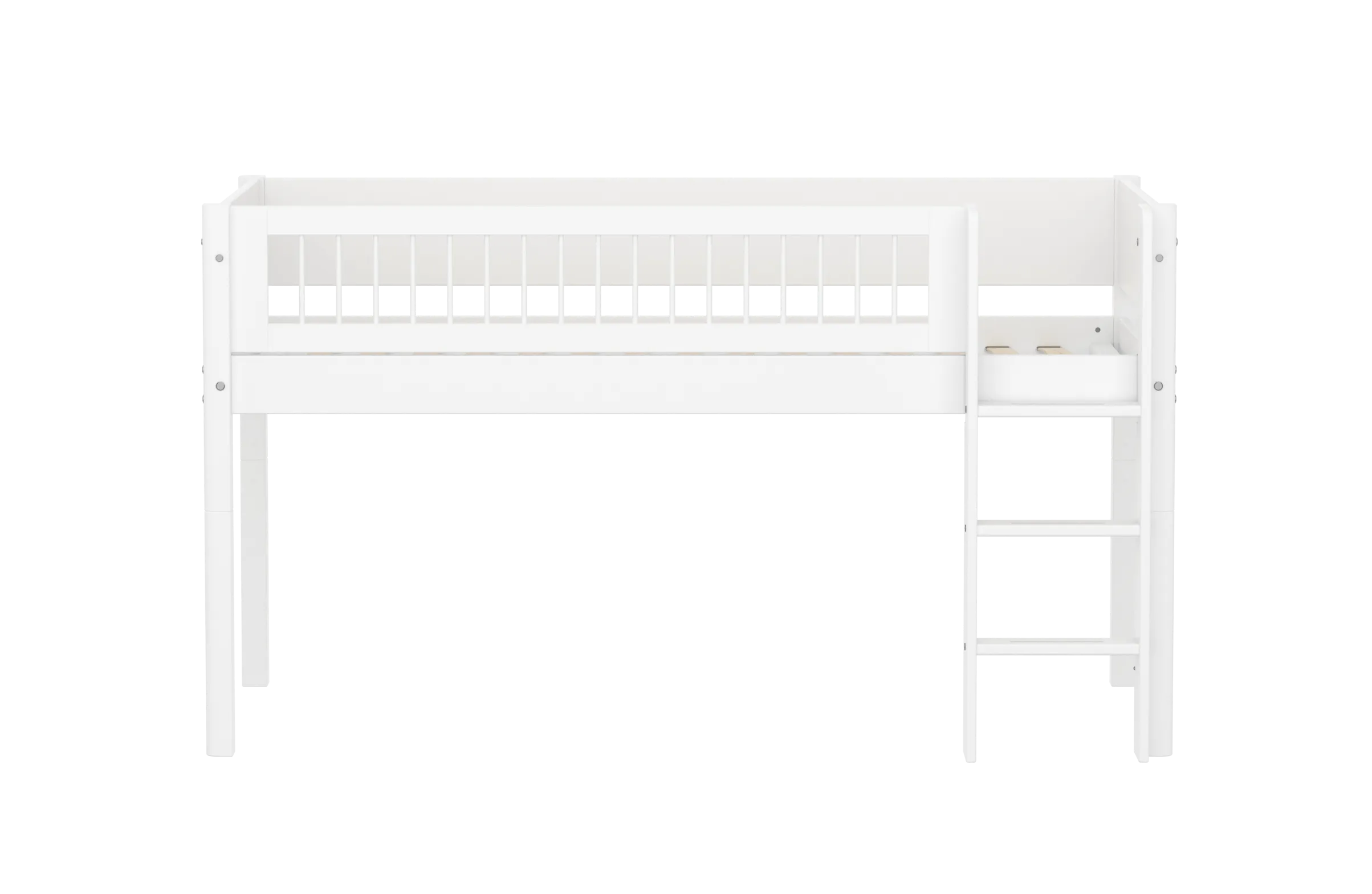 Mid-High Bed with Ladder and Safety Rail, 90x200 cm, White