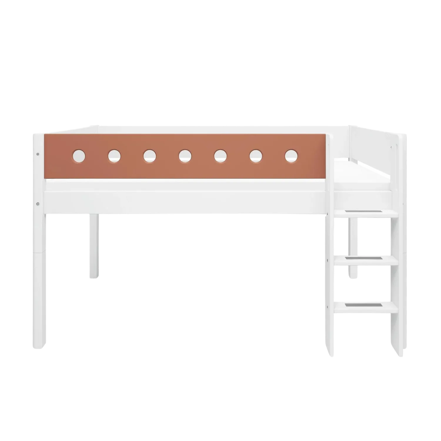 Mid-High Bed with Ladder and Safety Rail, 90x200 cm, White
