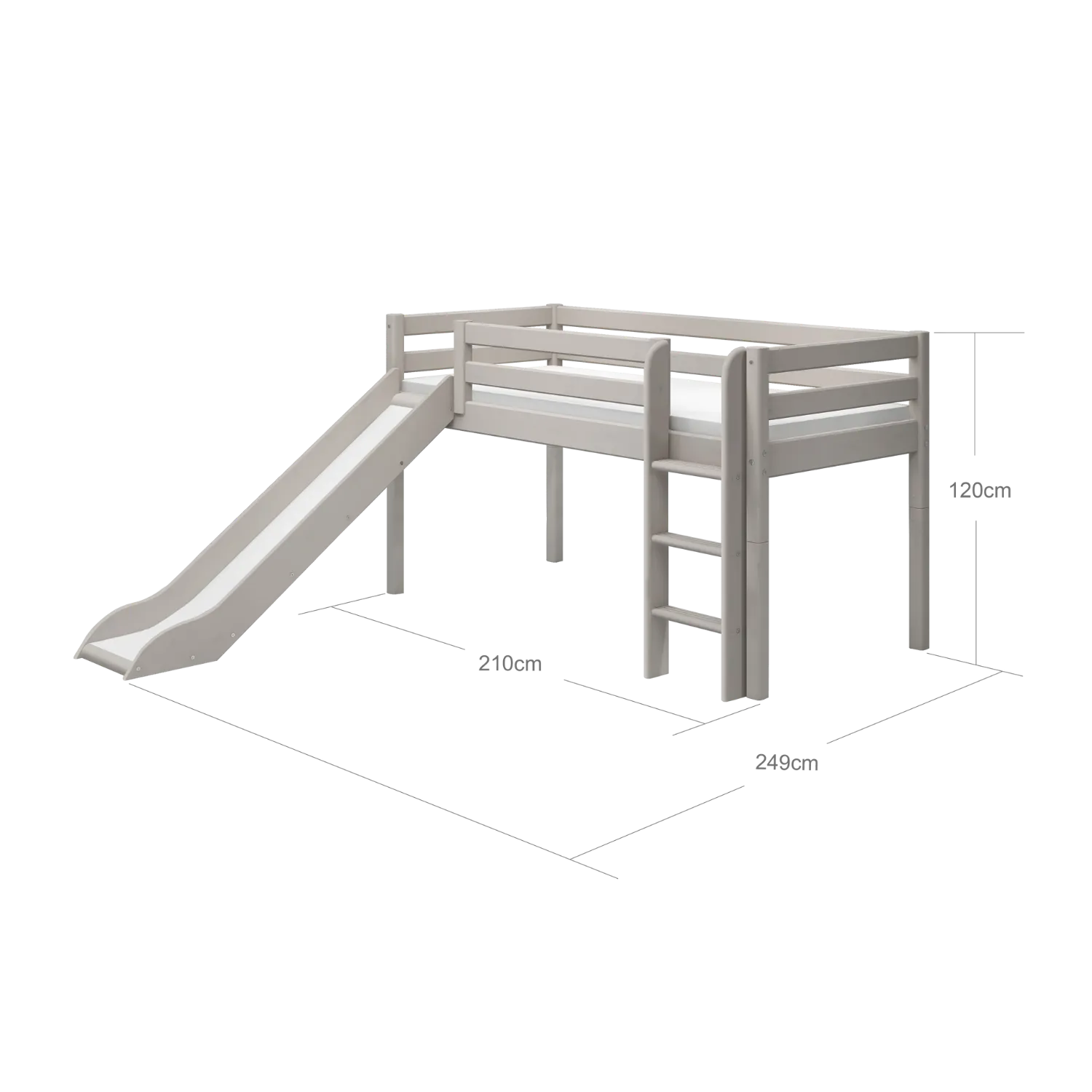 Mid-High Bed with Slide and Ladder, 90x200 cm, Grey