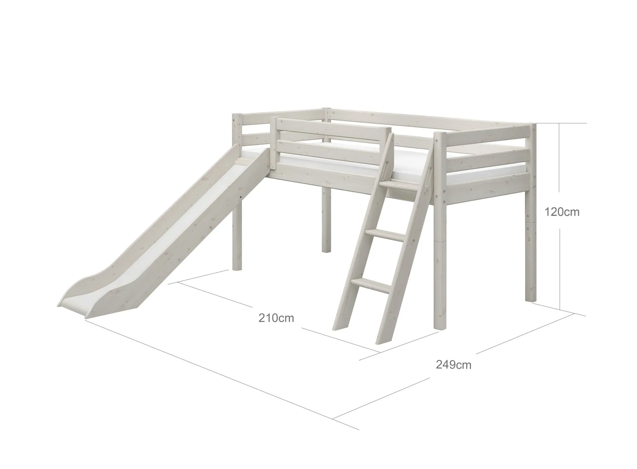 Mid-High Bed with Slide and Ladder, 90x200 cm, White