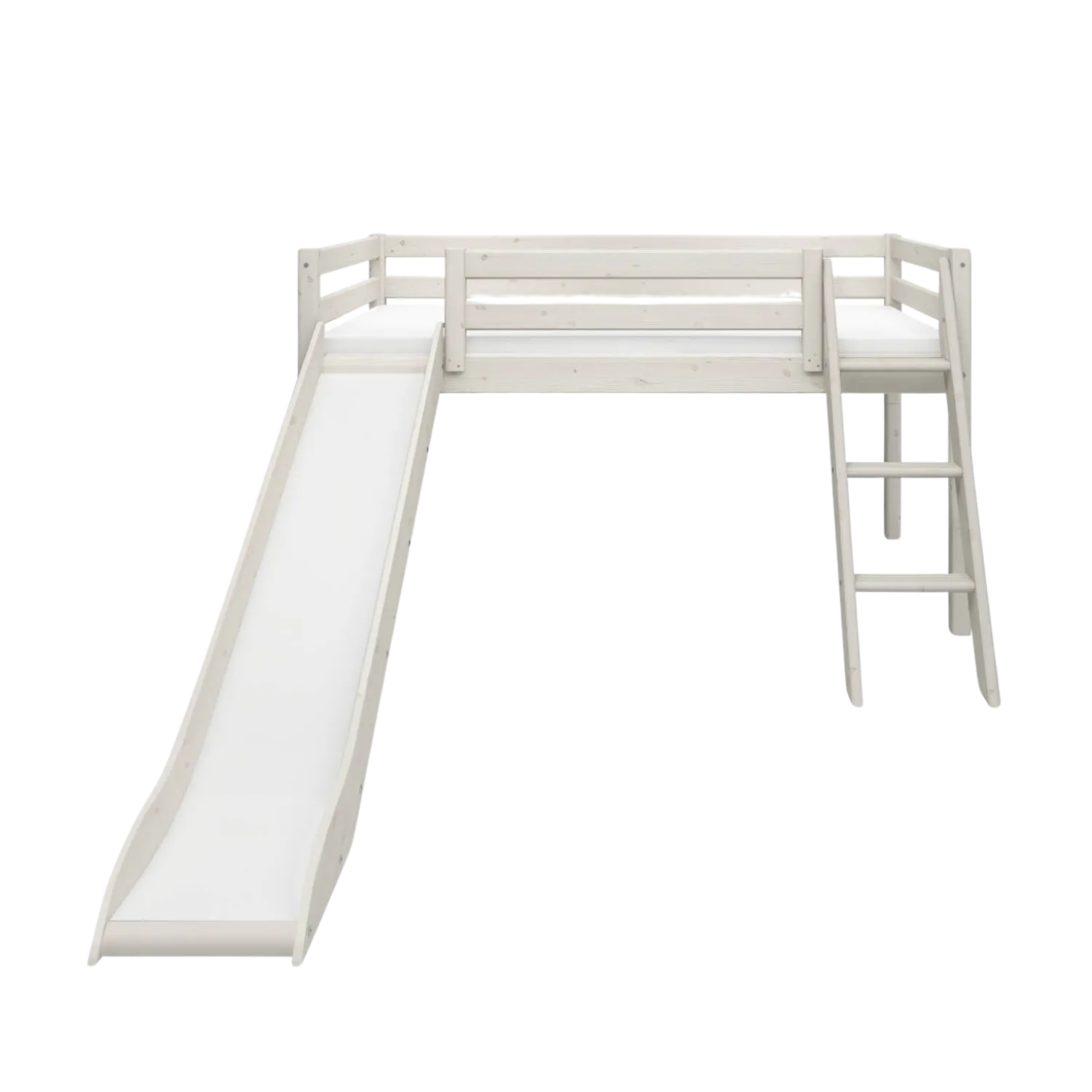 Mid-High Bed with Slide and Ladder, 90x200 cm, White