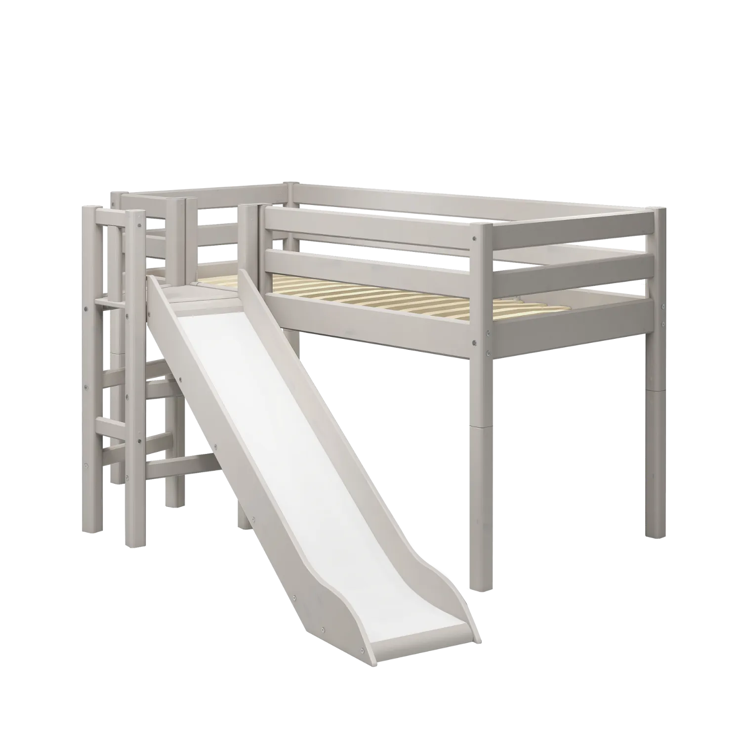 Mid-High Bed with Slide and Safety Rail, 90x200 cm, Grey
