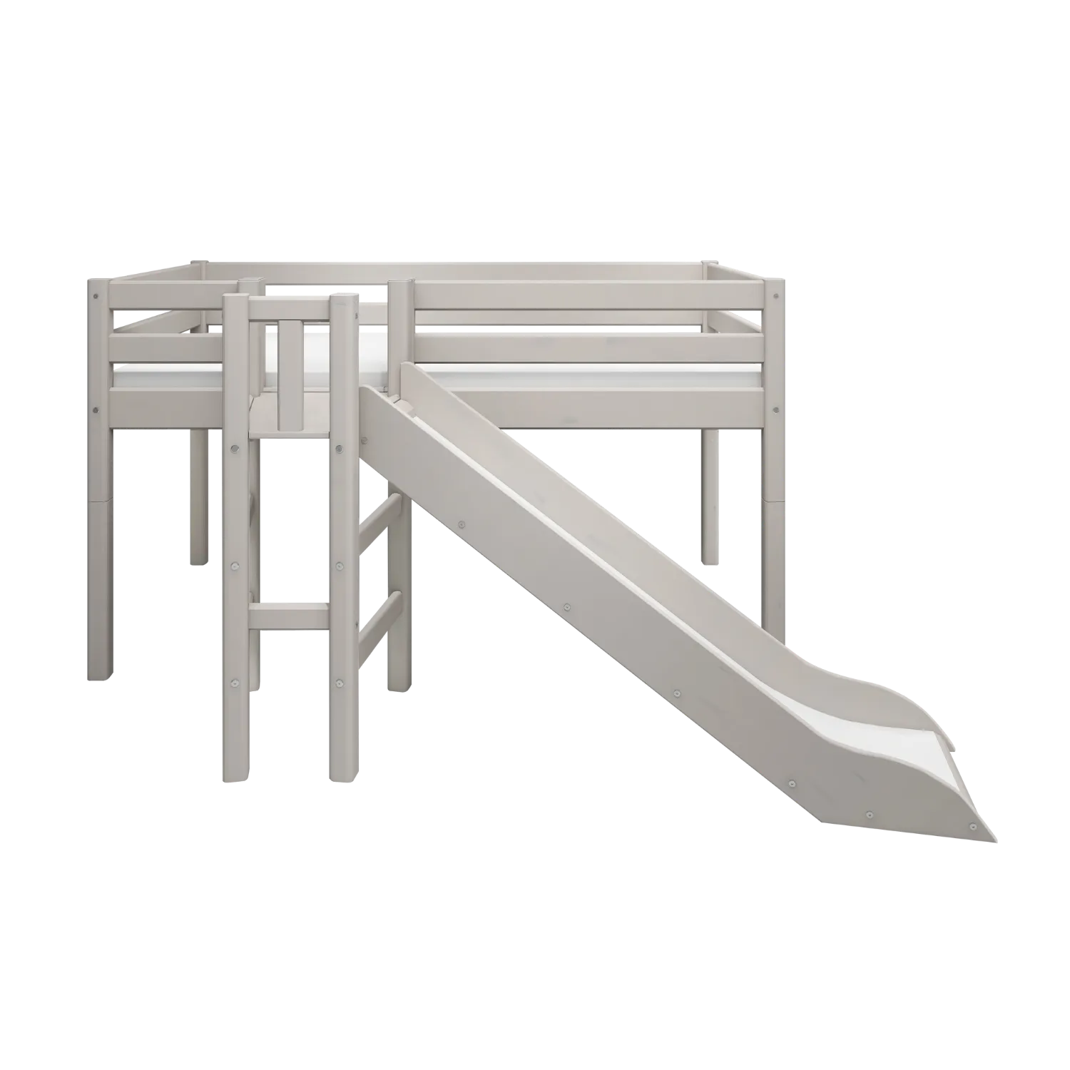 Mid-High Bed with Slide and Safety Rail, 90x200 cm, Grey