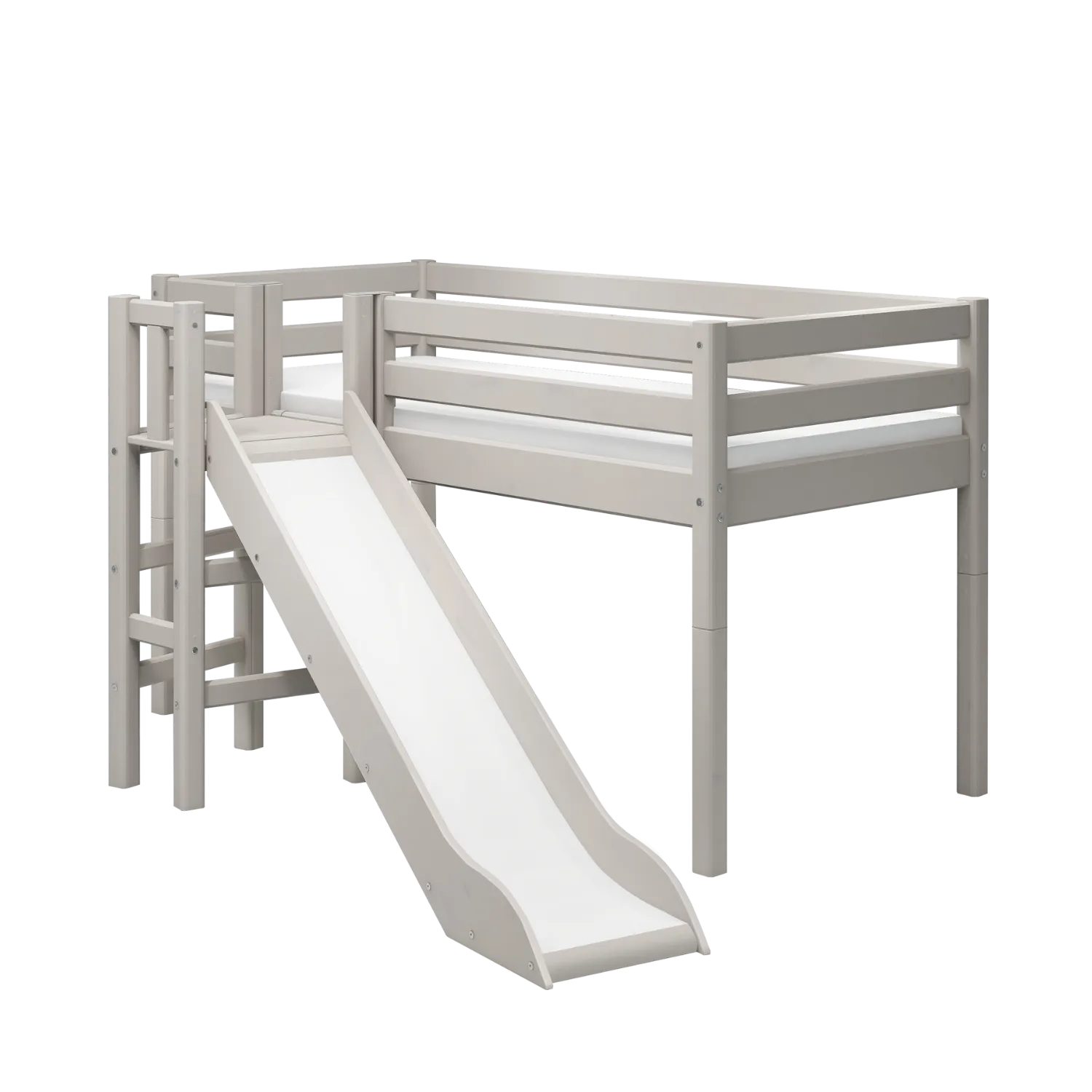 Mid-High Bed with Slide and Safety Rail, 90x200 cm, Grey