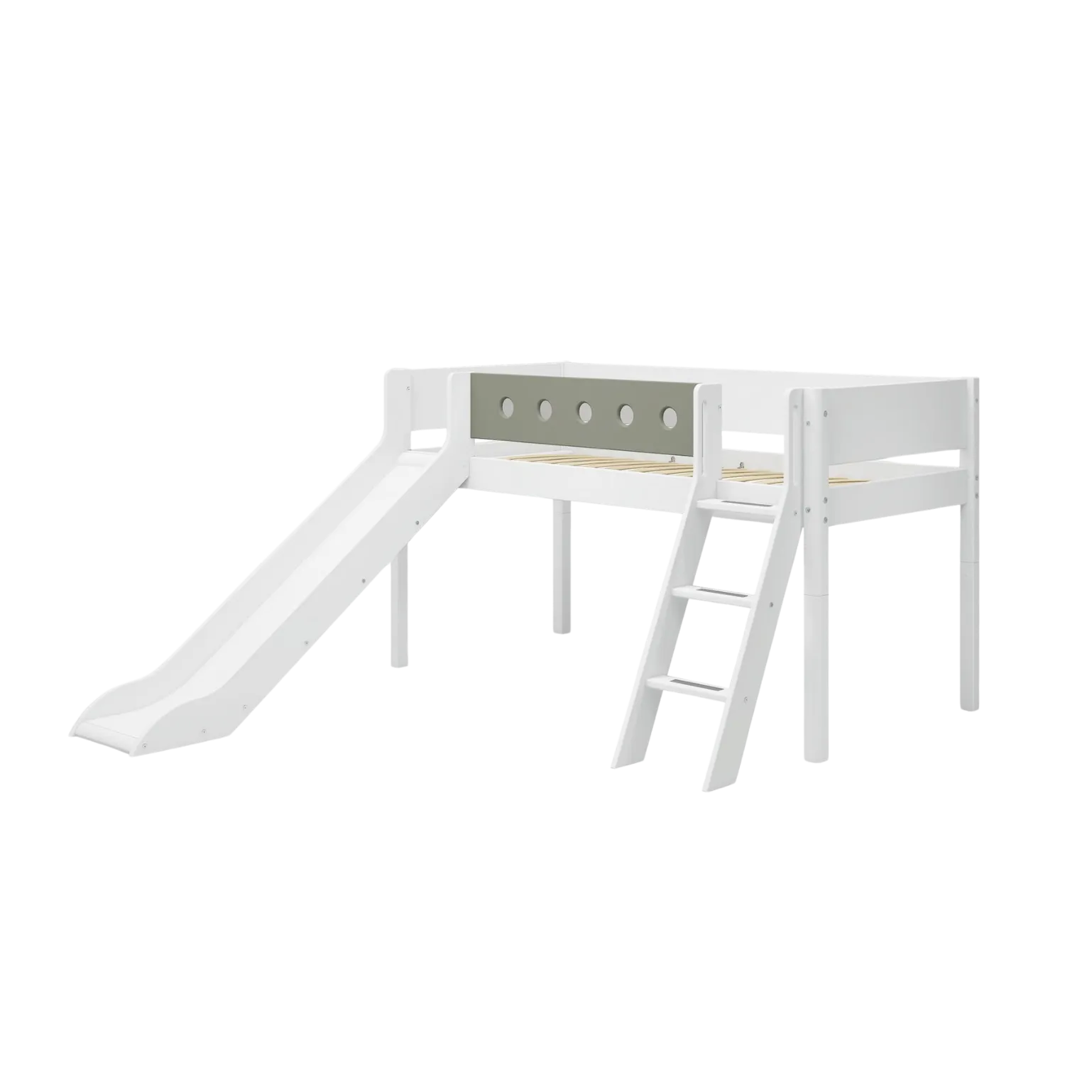 Mid-High Bed with Slide, Ladder and Safety Rail, 90x200 cm, White
