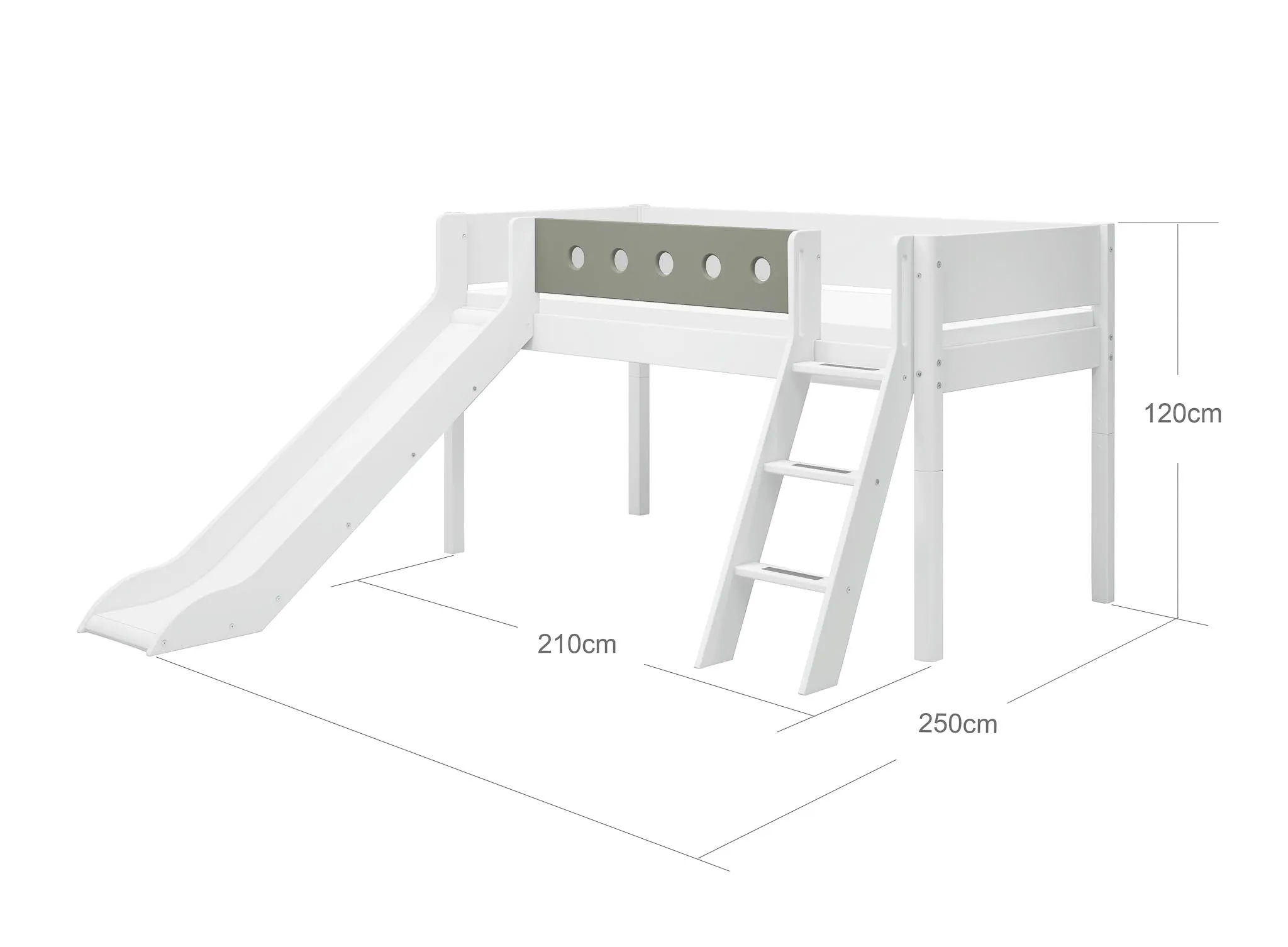 Mid-High Bed with Slide, Ladder and Safety Rail, 90x200 cm, White