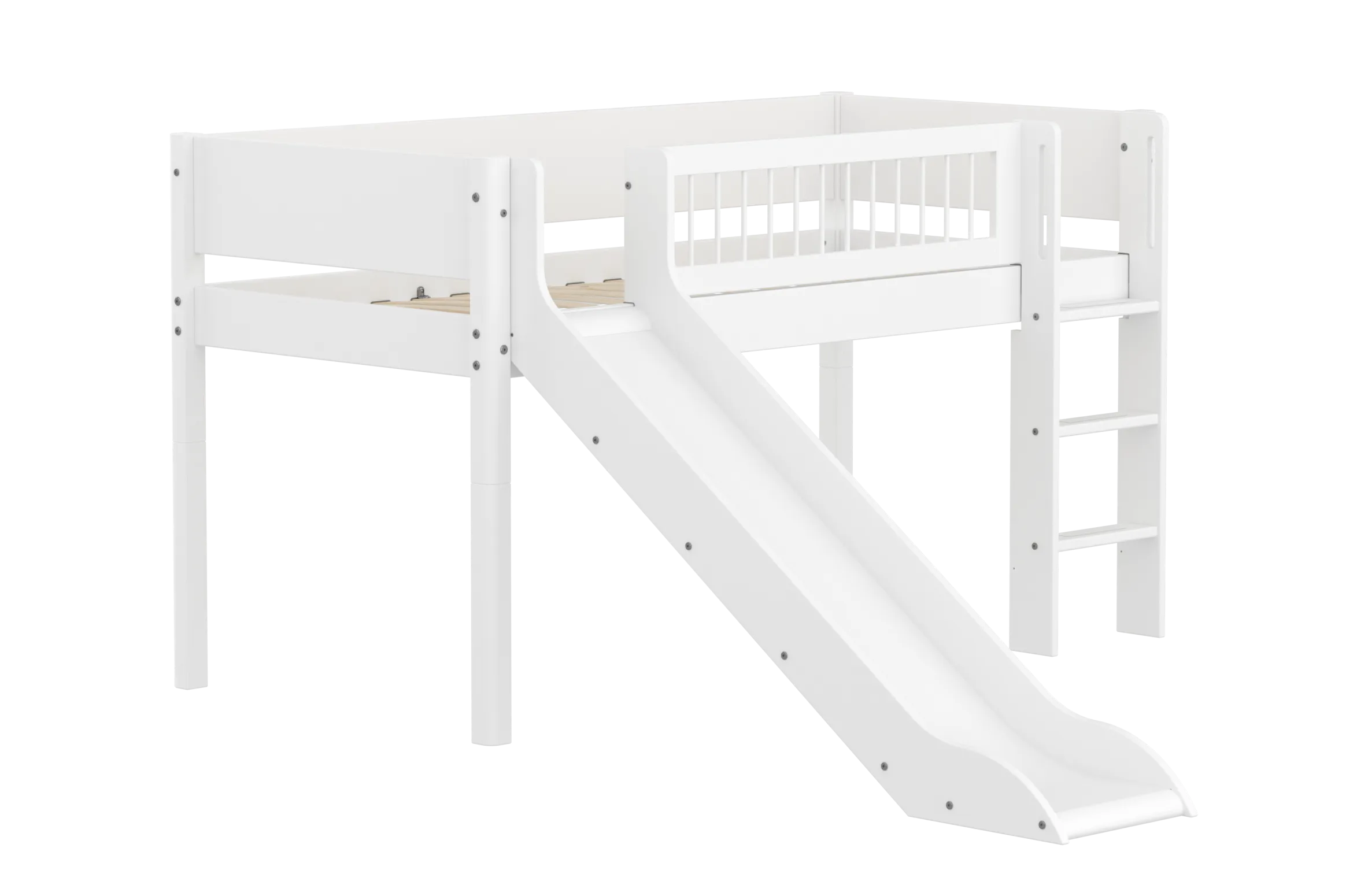 Mid-High Bed with Slide, Ladder and Safety Rail, 90x200 cm, White