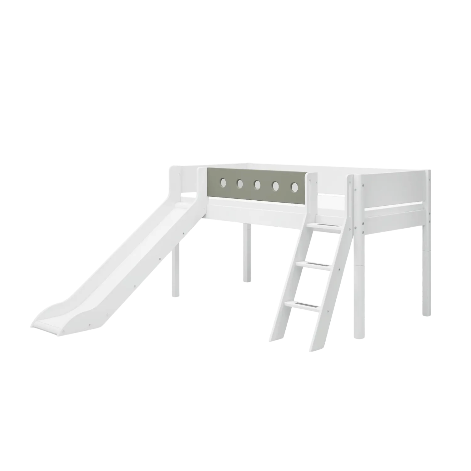 Mid-High Bed with Slide, Ladder and Safety Rail, 90x200 cm, White