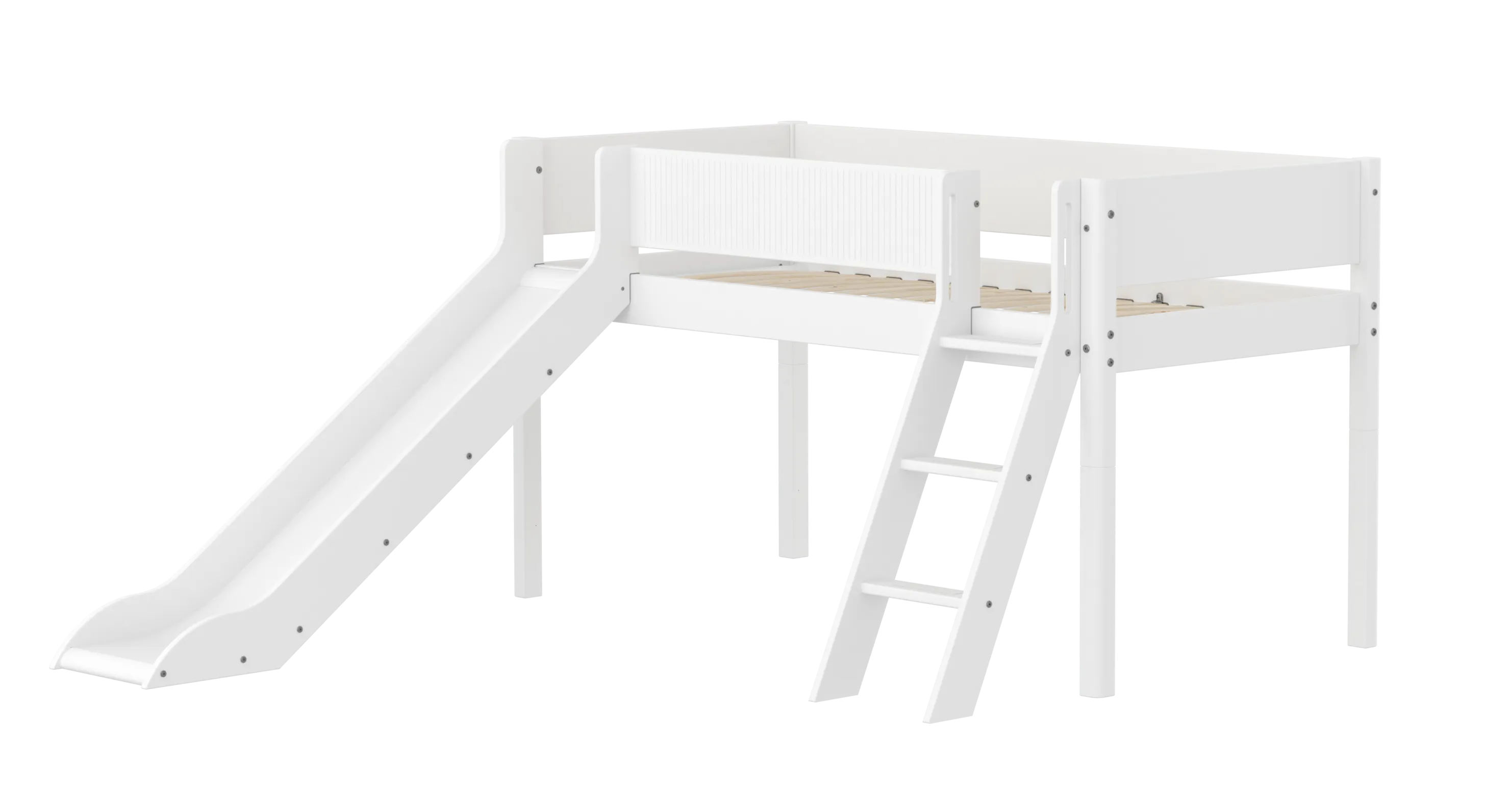 Mid-High Bed with Slide, Ladder and Safety Rail, 90x200 cm, White