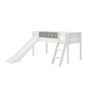 Mid-High Bed with Slide, Ladder and Safety Rail, 90x200 cm, White
