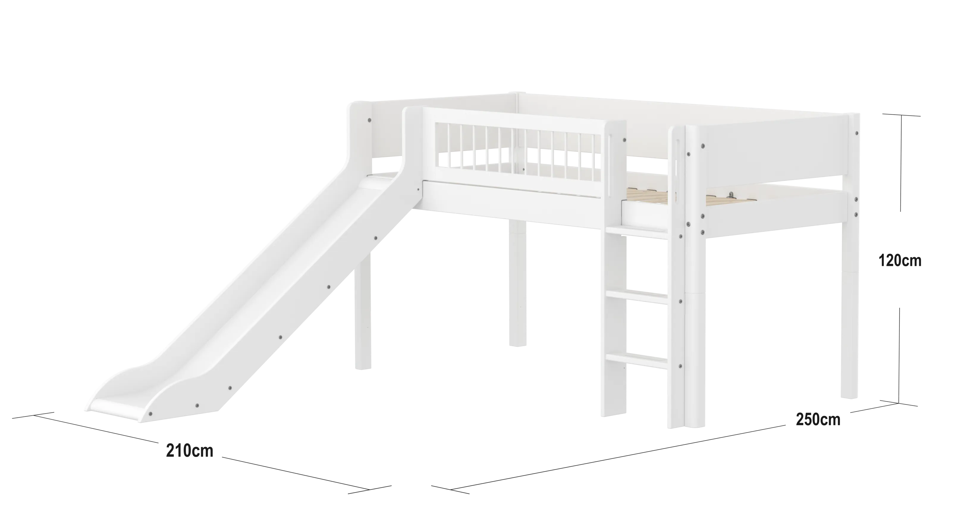 Mid-High Bed with Slide, Ladder and Safety Rail, 90x200 cm, White