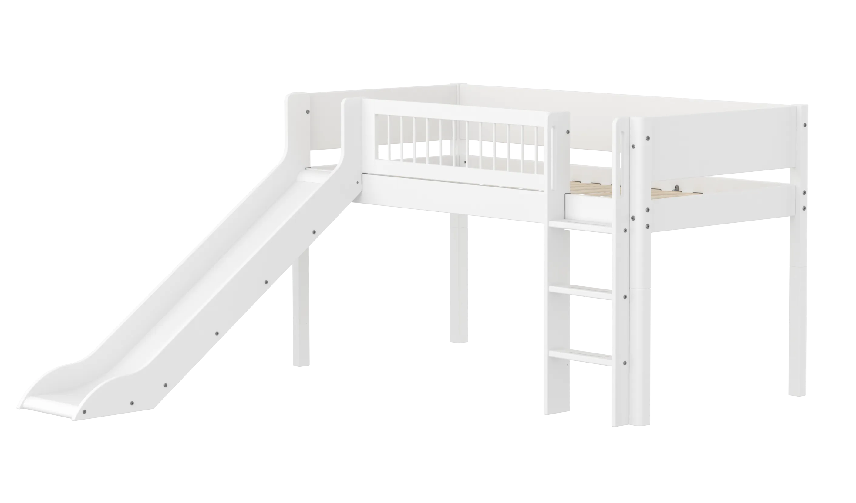 Mid-High Bed with Slide, Ladder and Safety Rail, 90x200 cm, White