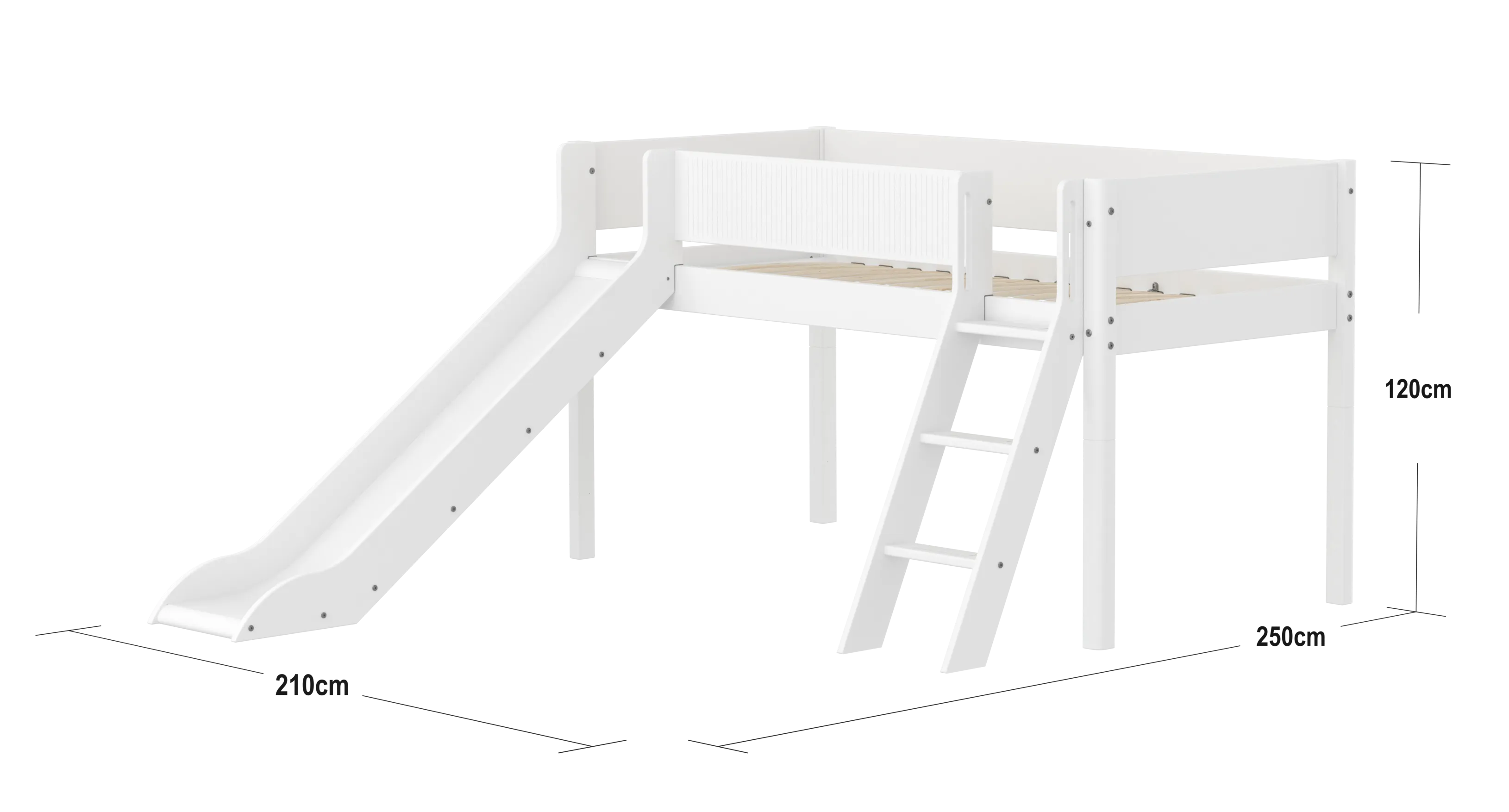 Mid-High Bed with Slide, Ladder and Safety Rail, 90x200 cm, White