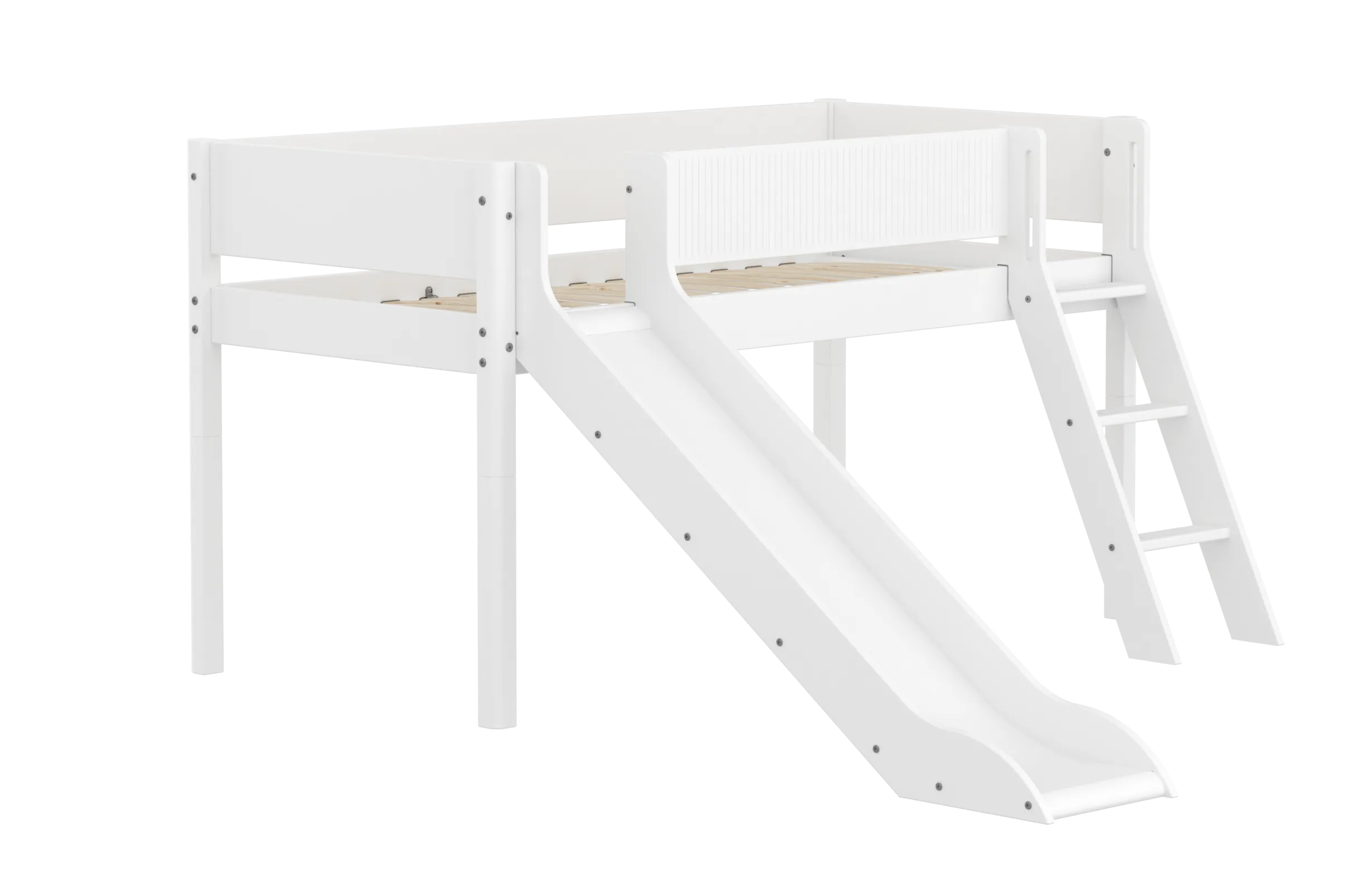 Mid-High Bed with Slide, Ladder and Safety Rail, 90x200 cm, White