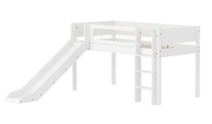 Mid-High Bed with Slide, Ladder and Safety Rail, 90x200 cm, White