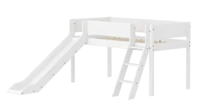 Mid-High Bed with Slide, Ladder and Safety Rail, 90x200 cm, White